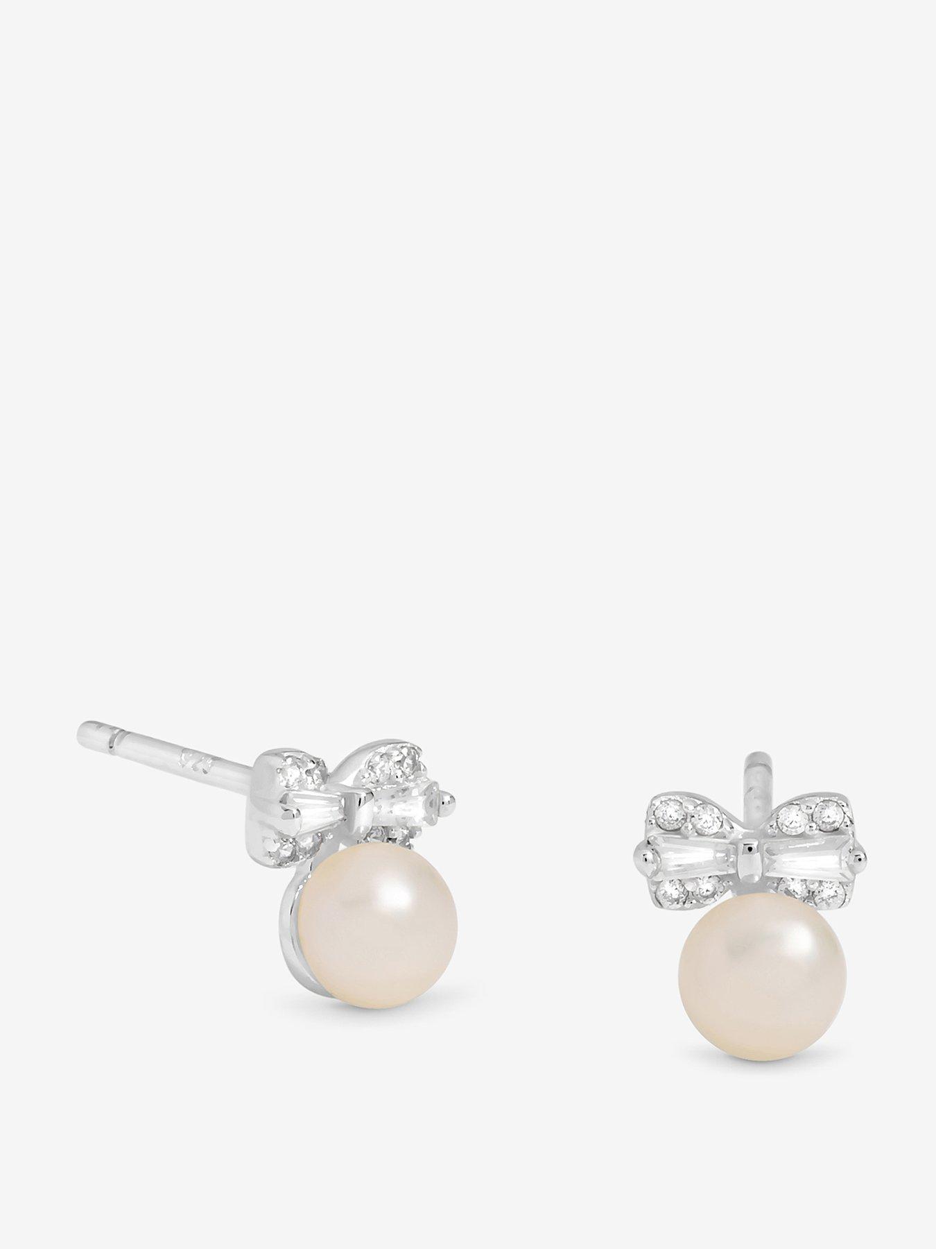 Simply Silver Sterling Silver 925 Pave and Pearl Stud Earrings