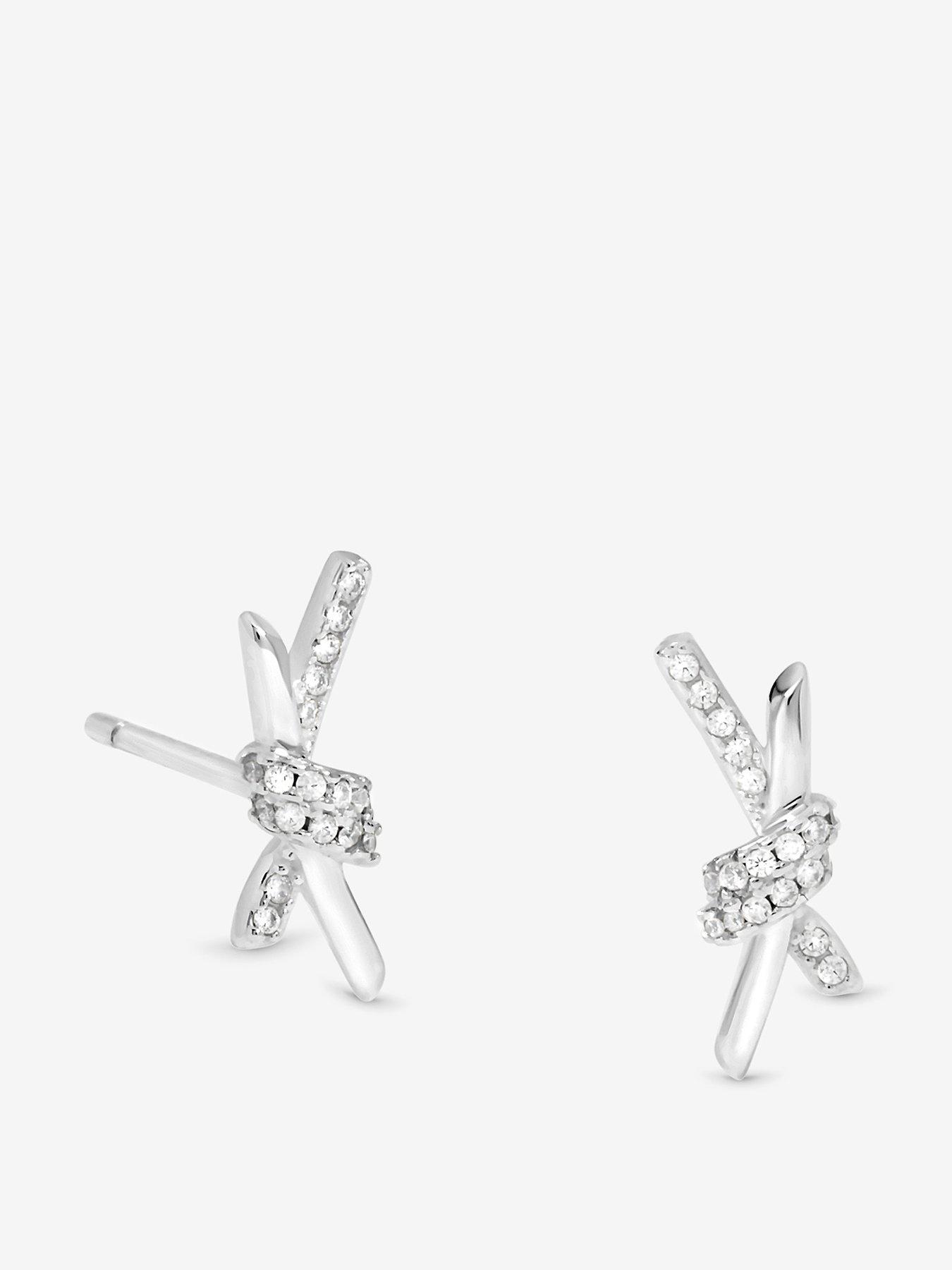 Simply Silver Sterling Silver 925 Polished and Pave Love Knot Stud Earrings