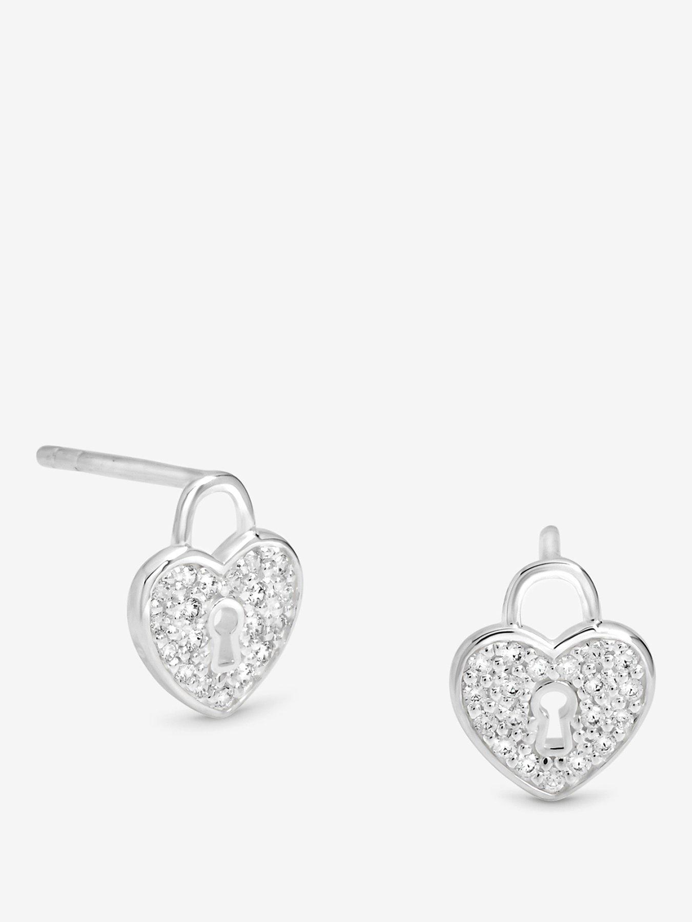 Simply Silver Sterling Silver 925 Pave Padlock Heart Stud Earrings