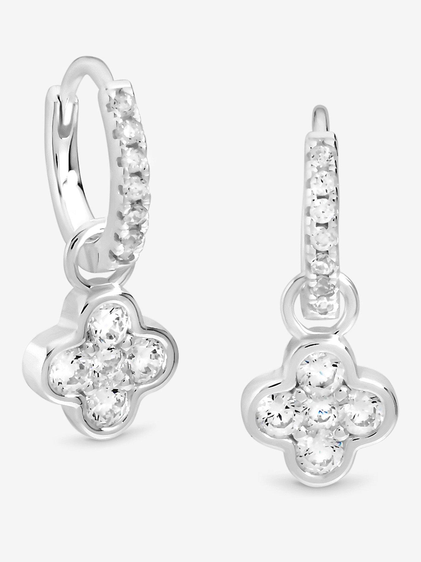 Simply Silver Sterling Silver 925 Polished and Cubic Zirconia Clover Charm Hoop Earrings