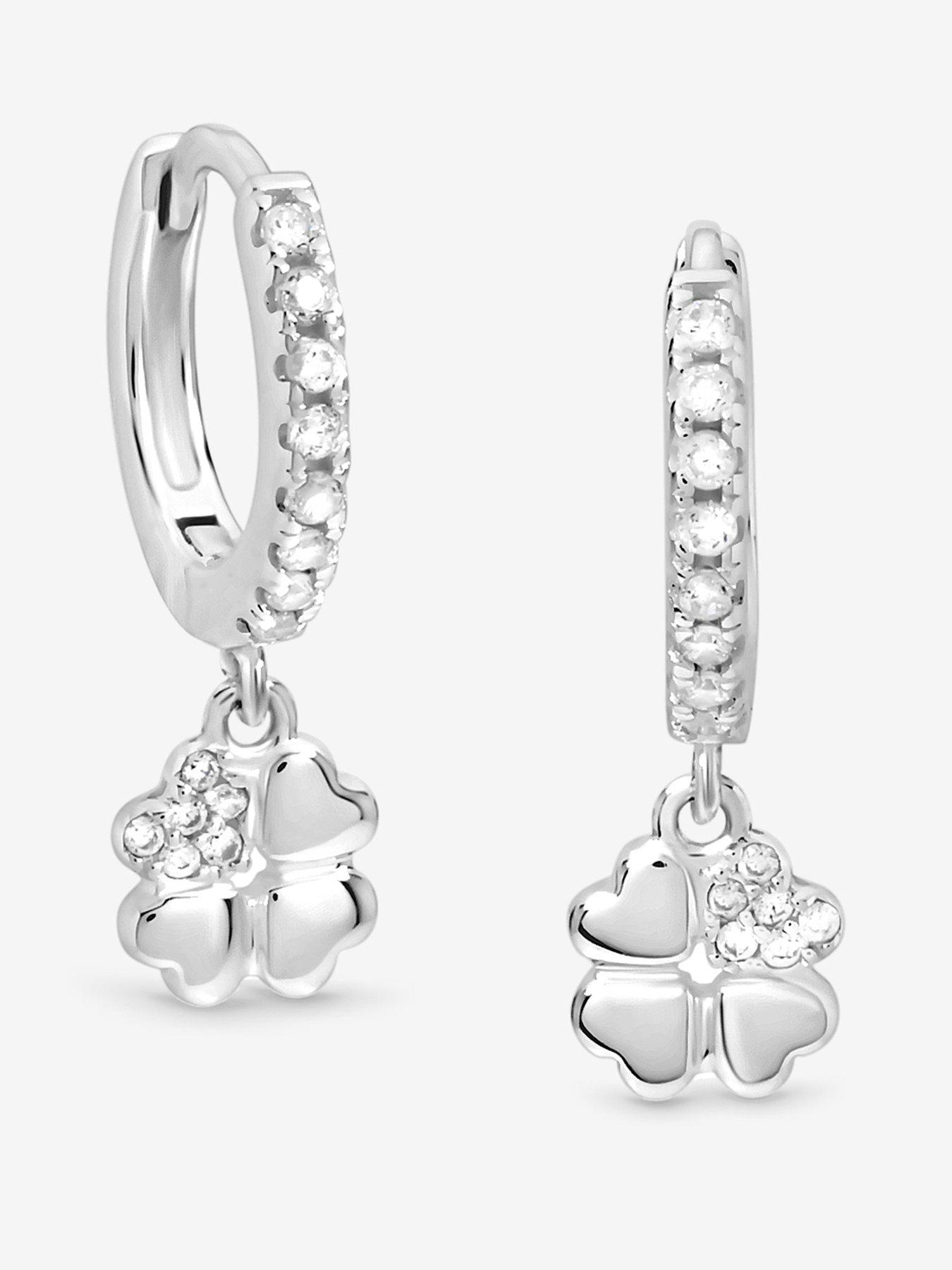 Simply Silver Sterling Silver 925 Cubic Zirconia Polished Clover Charm Hoop Earrings