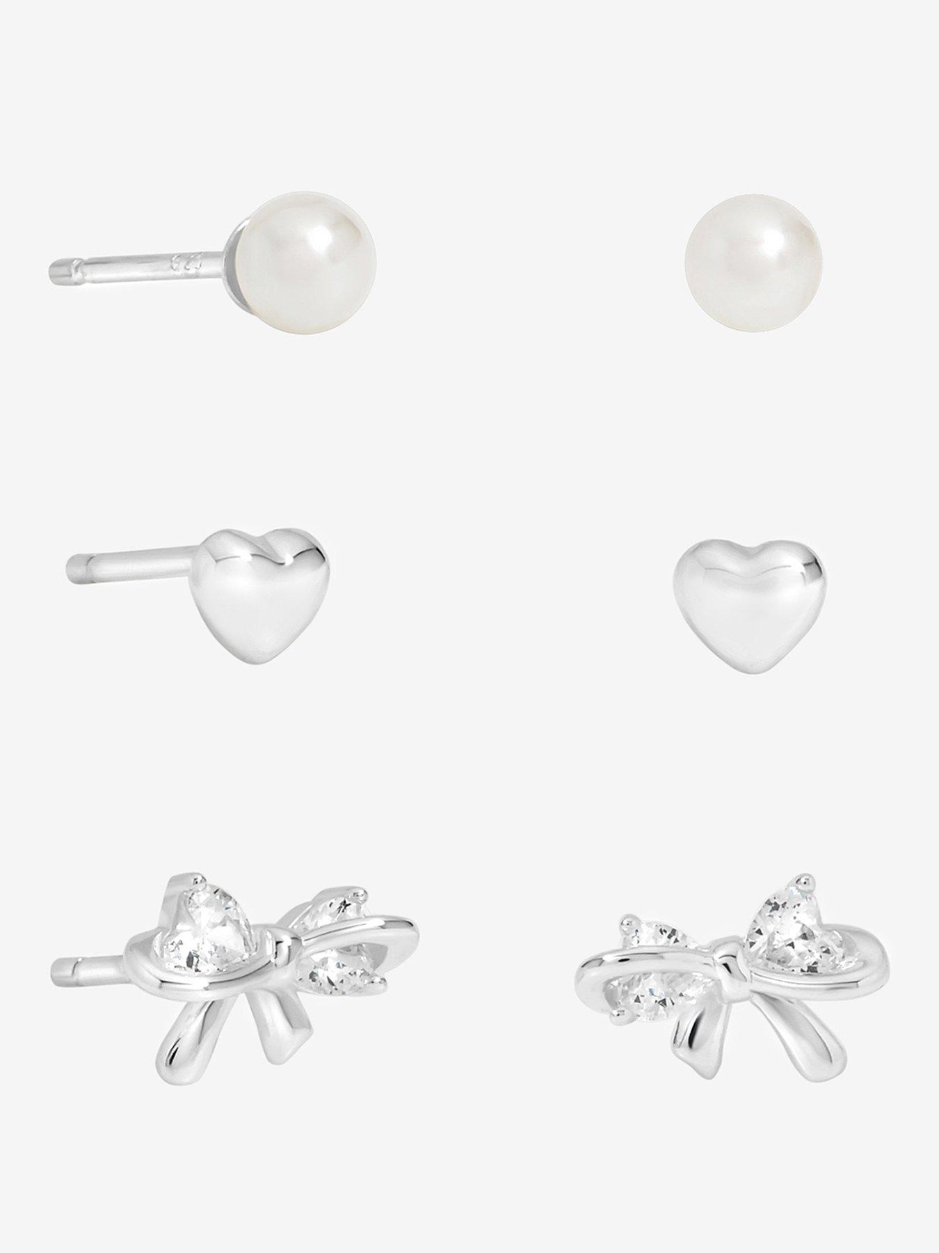 undefined Simply Silver Sterling Silver 925 Polished and Pearl Bow Earrings - Pack of 3