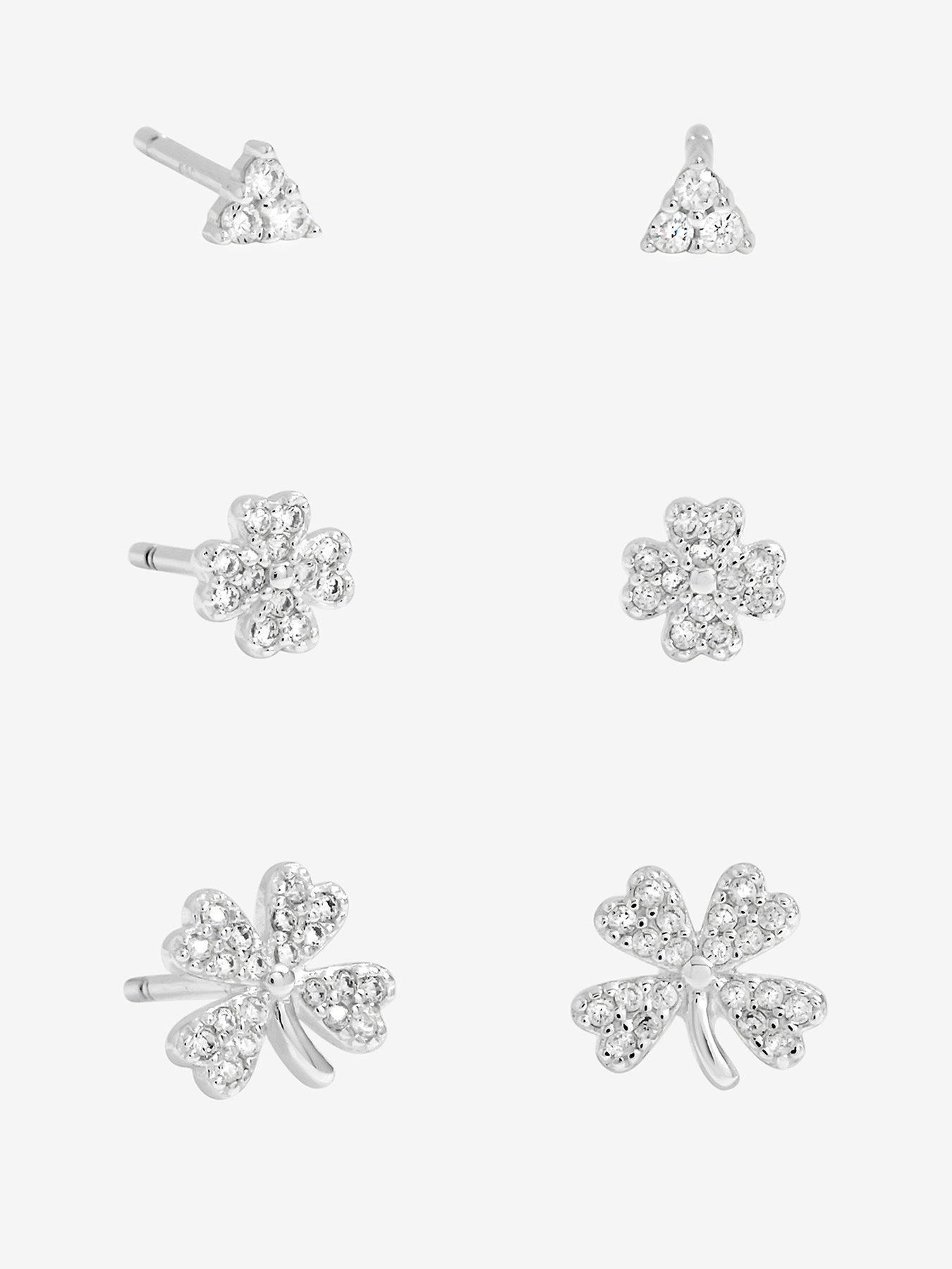 undefined Simply Silver Sterling Silver 925 Polished and Cubic Zirconia Clover Earrings - Pack of 3