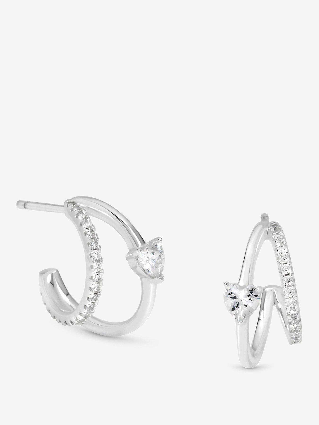 undefined Simply Silver Sterling Silver 925 Polished and Pave Double Row Heart Hoop Earrings