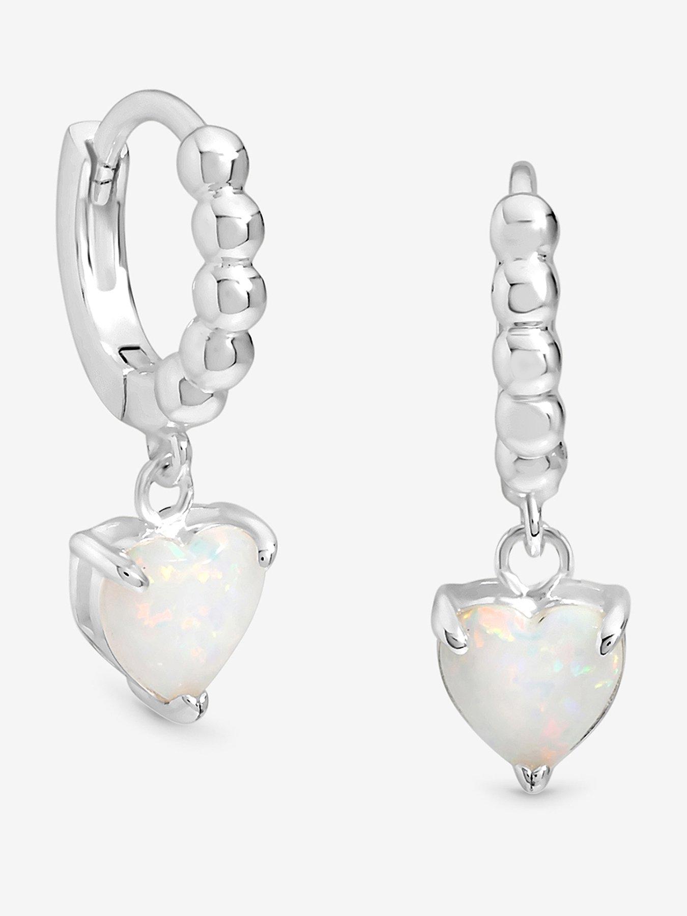 undefined Simply Silver Sterling Silver 925 Polished and Opal Heart Hoop Earrings