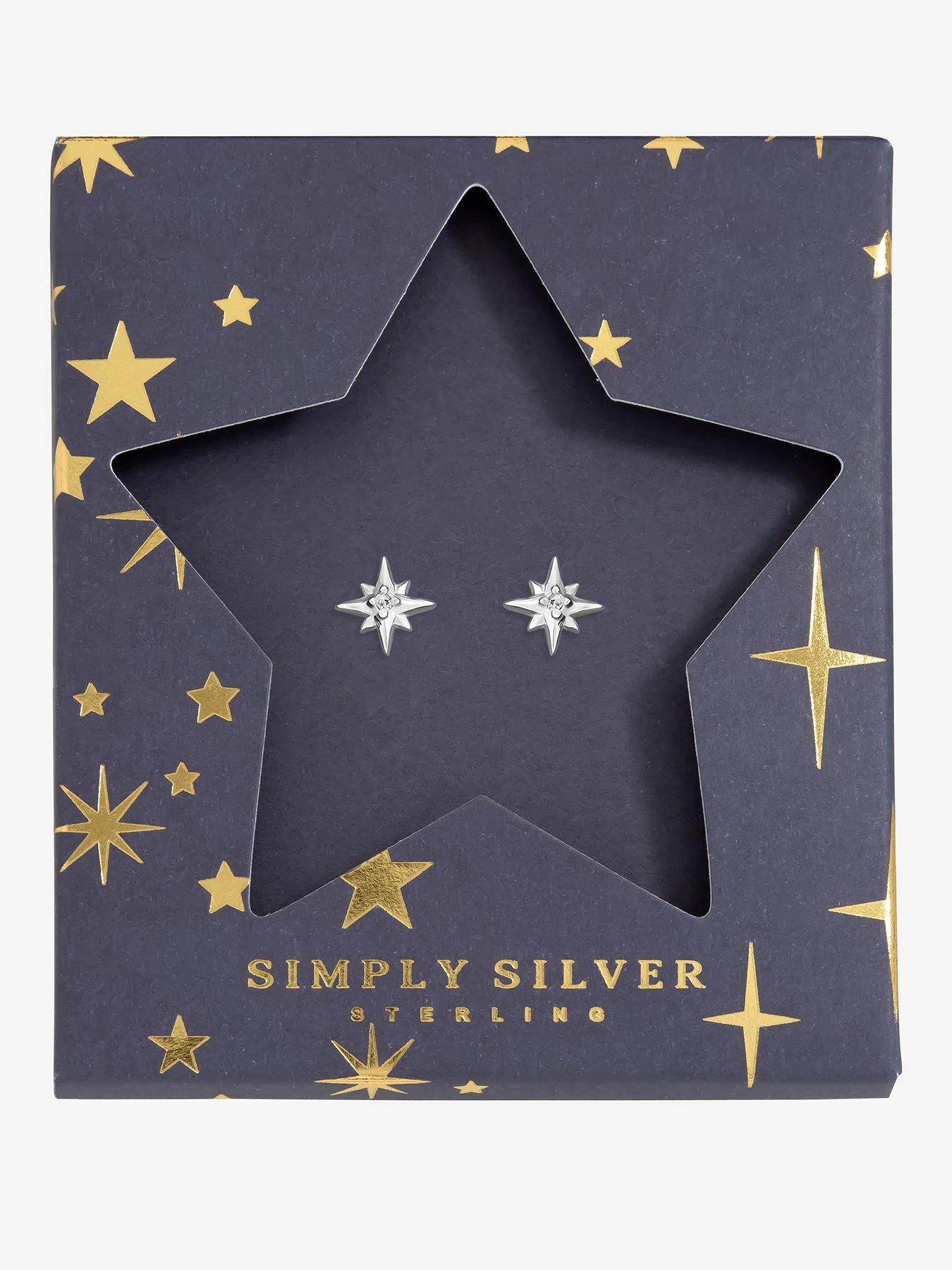 Simply Silver Sterling Silver 925 Polished and Cubic Zirconia Star Earrings - Gift Sleeve