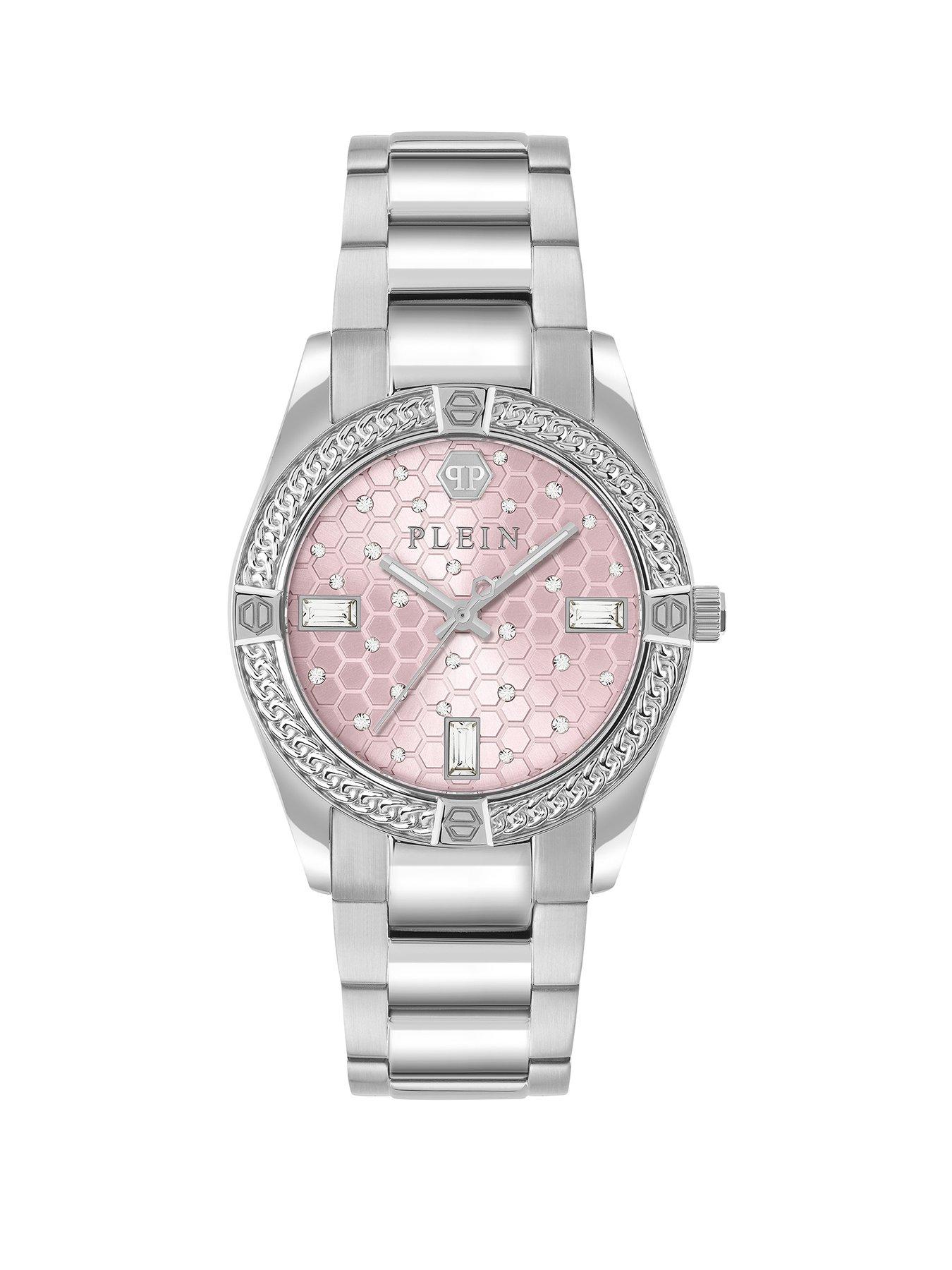 Philipp Plein ICON CHAIN  STAINLESS STEEL CASE, PINK DIAL CRYSTAL STAINLESS STEEL WATCH