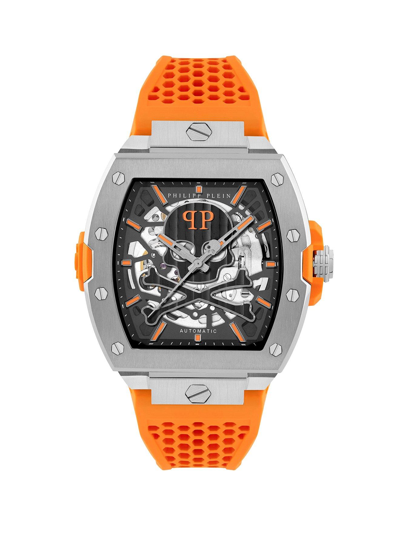 Philipp Plein THE SKELETON AUTOMATIC, STAINLESS STEEL CASE, IP GUN DIAL, ORANGE SILICONE STRAP WATCH