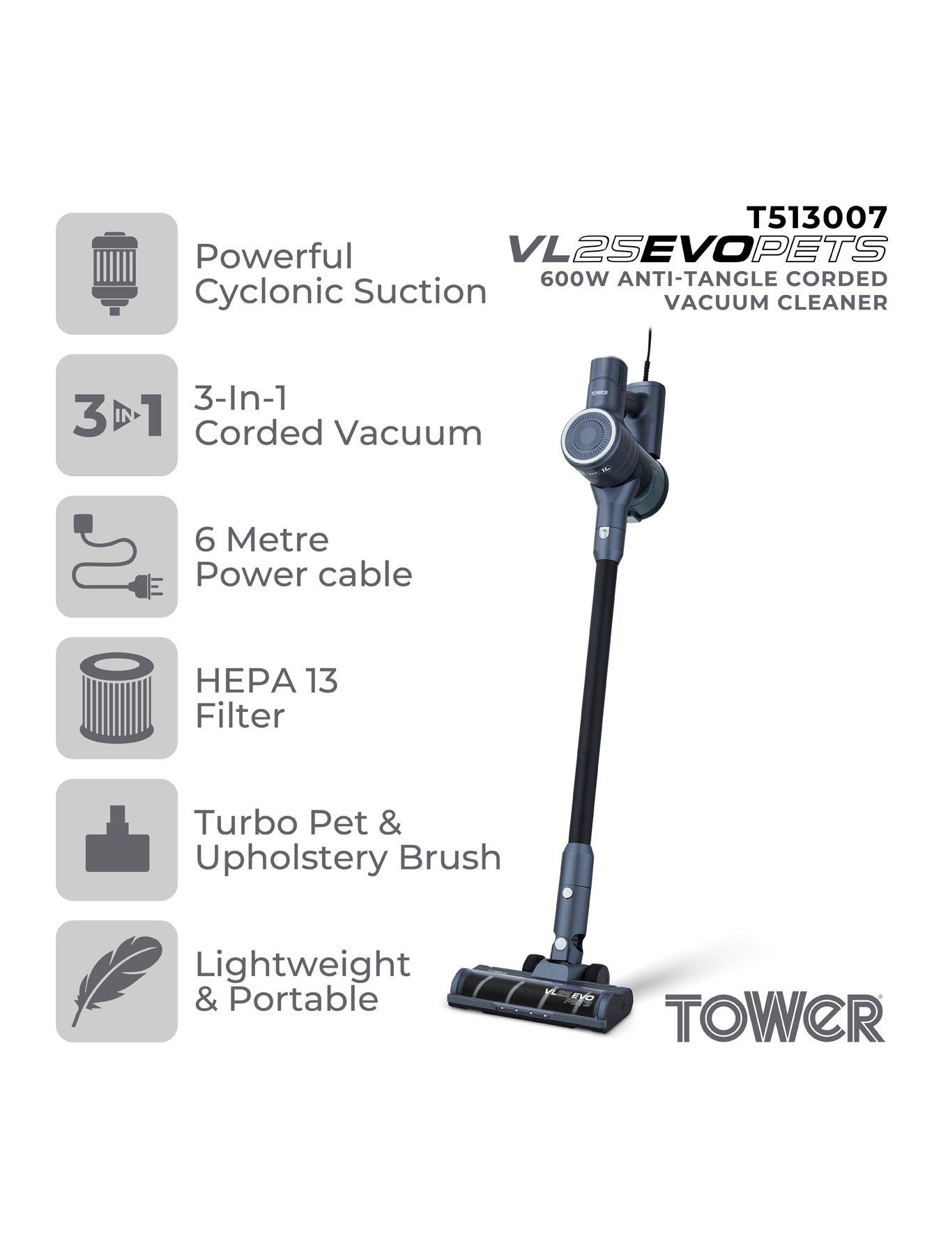  image of tower-t513007-vl25-pet-anti-tangle-corded-stick-vacuum-cleaner-black-silver
