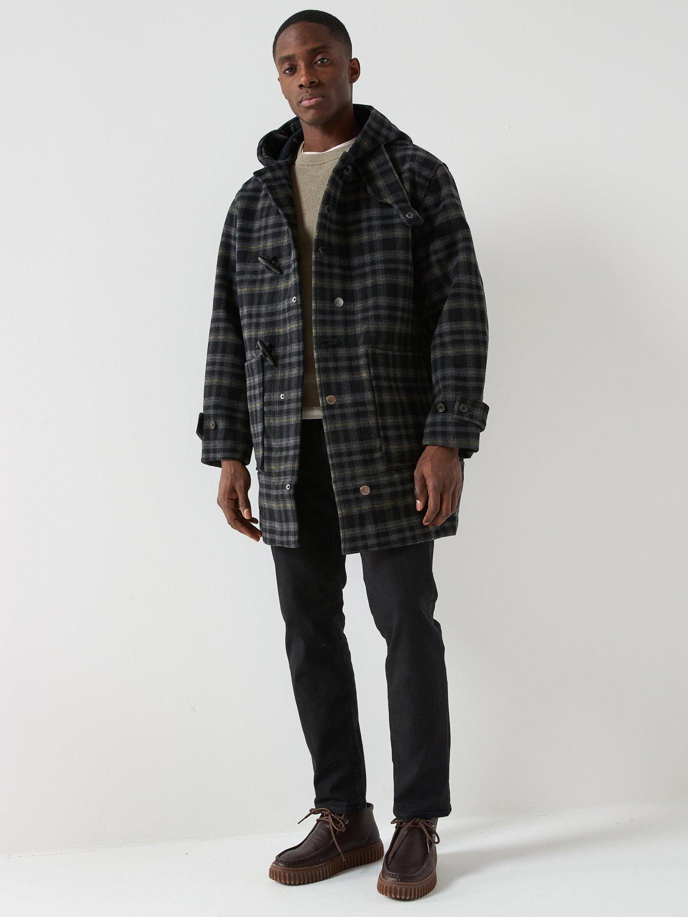 front image of lyle-scott-modular-tartan-duffle-coat-black