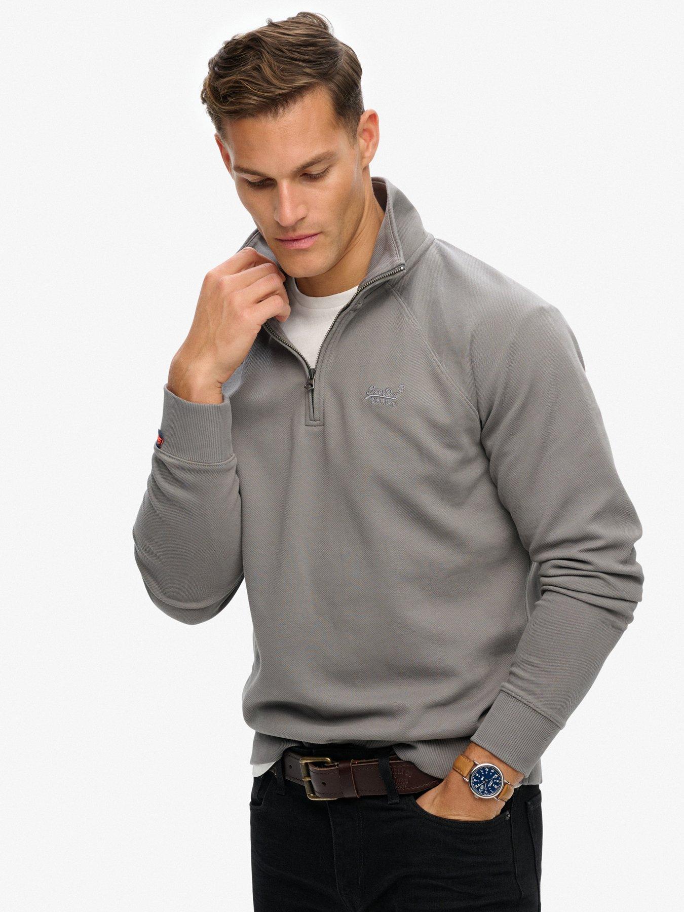  image of superdry-essential-logo-raglan-henley-quarter-zip-jumper-grey