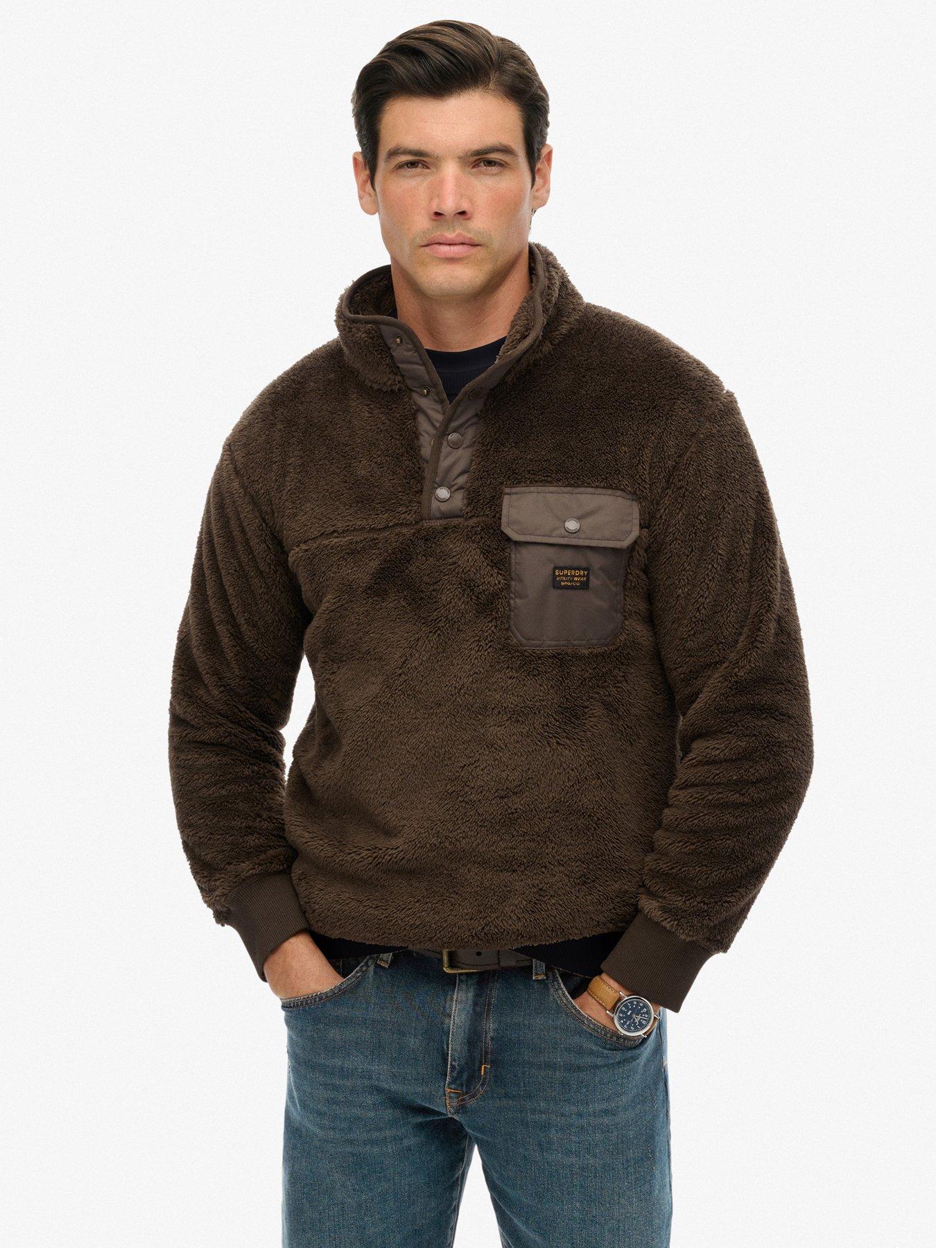 Superdry High Pile Fleece Henley - Brown
