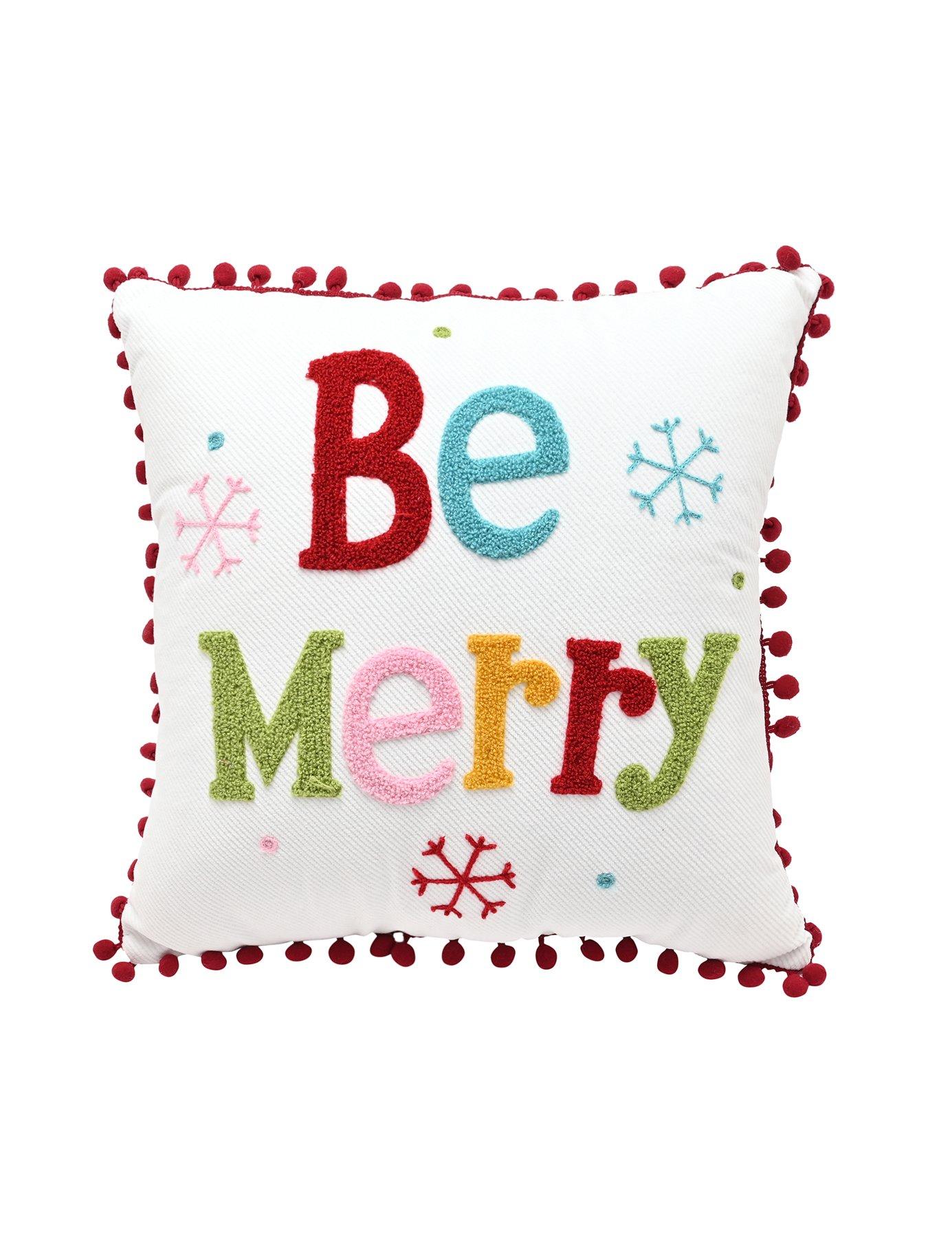 Image 1 of 3 of The Christmas Gift Co Square Pom Pom Jacquard Cushion - Be Merry