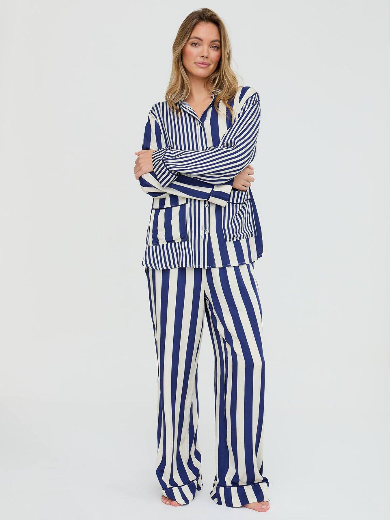  image of lily-lionel-evie-mixed-stripe-printed-pyjama-set-navy