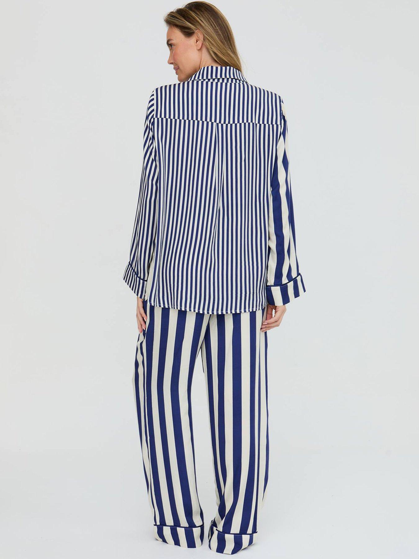  image of lily-lionel-evie-mixed-stripe-printed-pyjama-set-navy