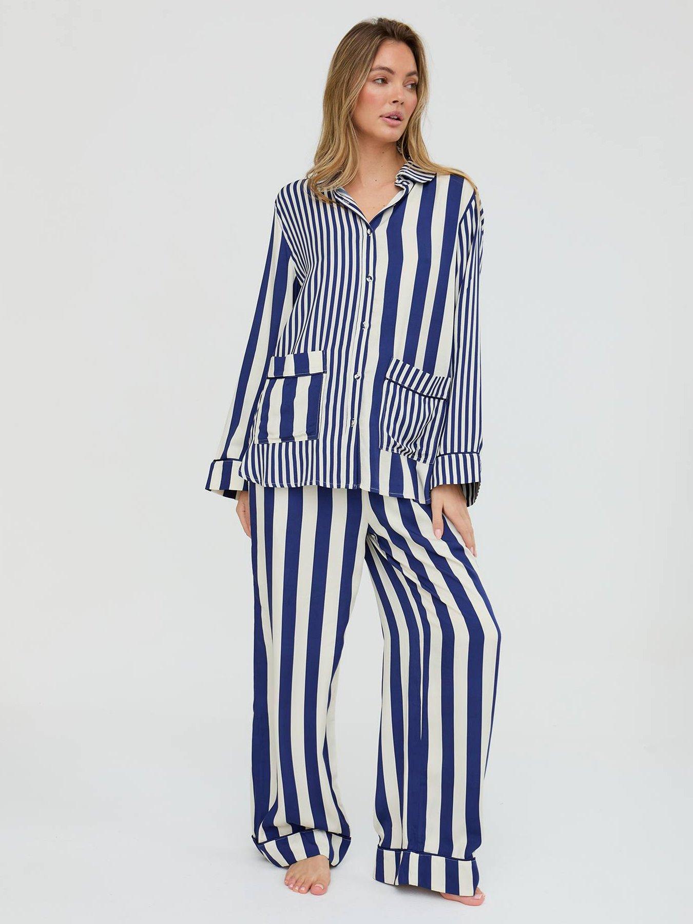  image of lily-lionel-evie-mixed-stripe-printed-pyjama-set-navy