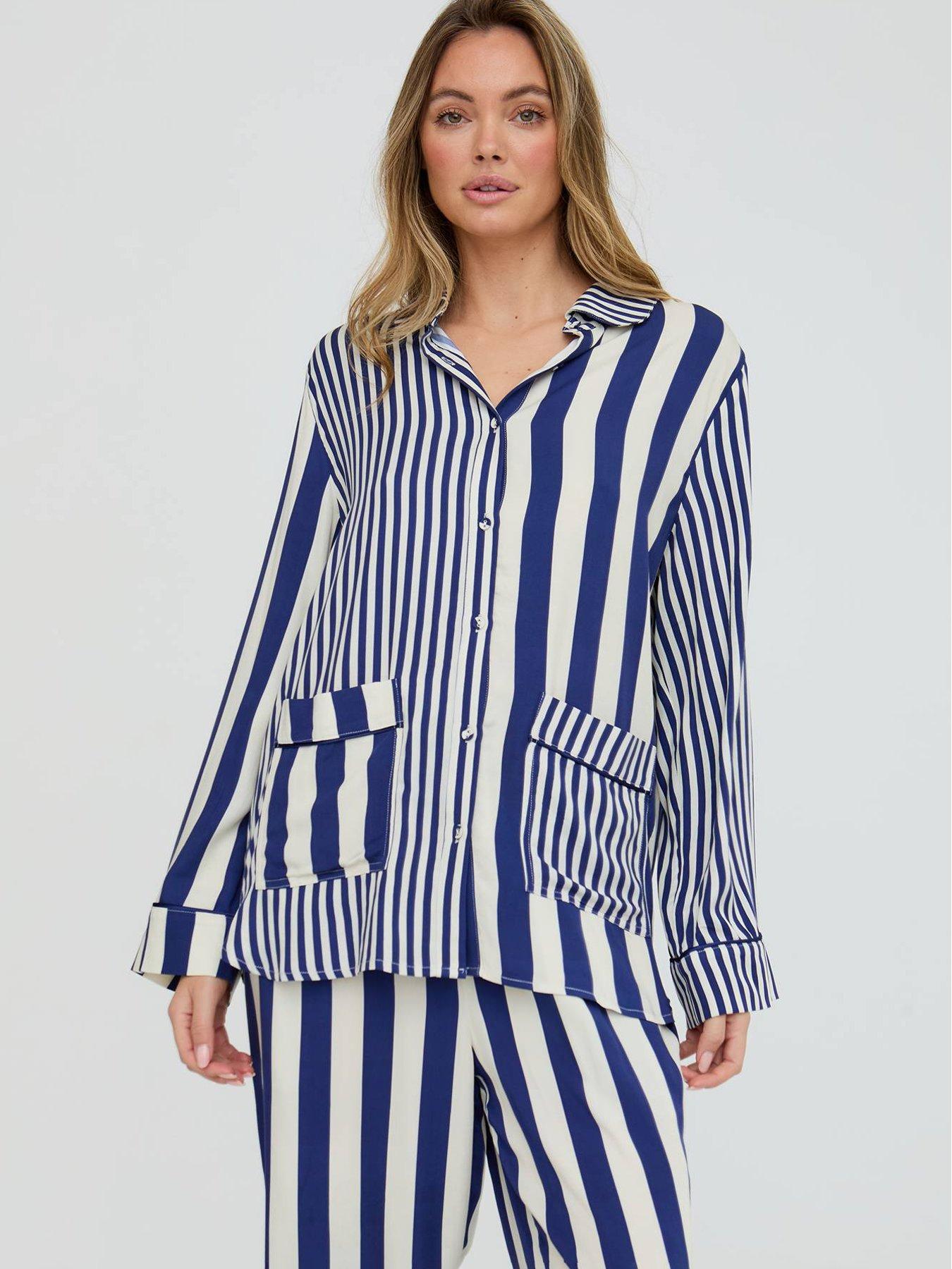  image of lily-lionel-evie-mixed-stripe-printed-pyjama-set-navy