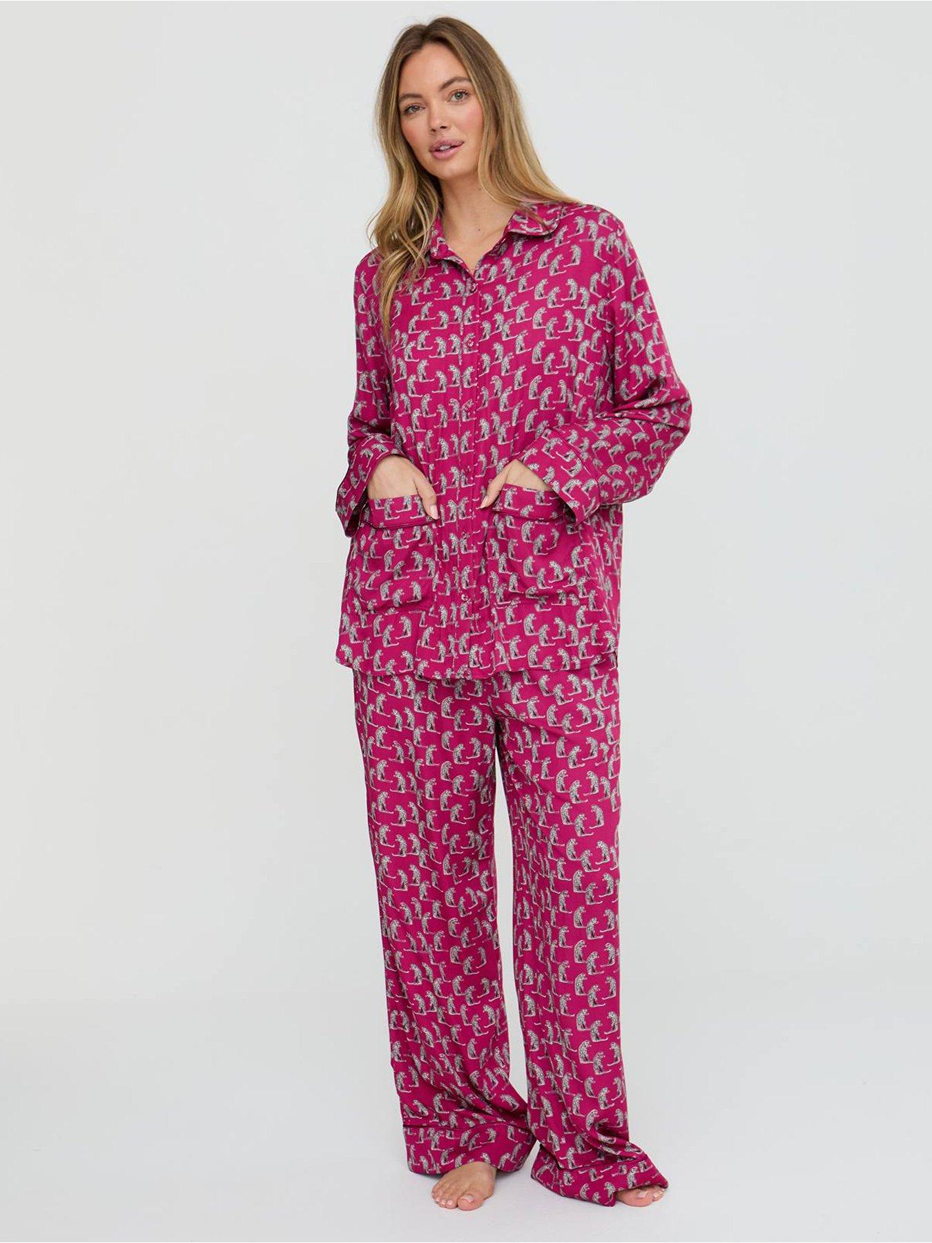 Image 1 of 5 of Lily & Lionel Evie Leopard Printed Pyjama Set - Dark Red