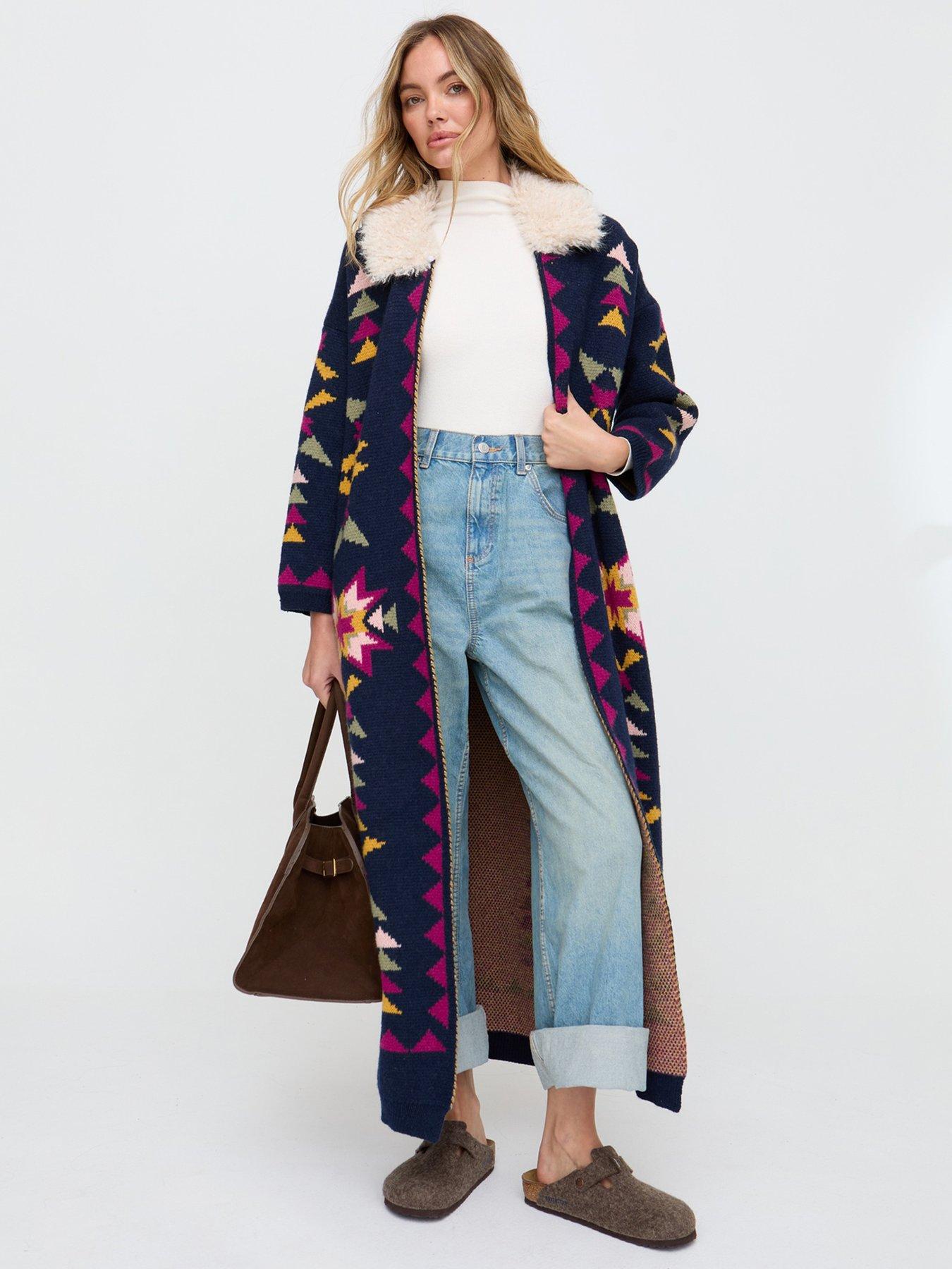 Raffya Cathy Jacquard Long Line Cardigan In Navy