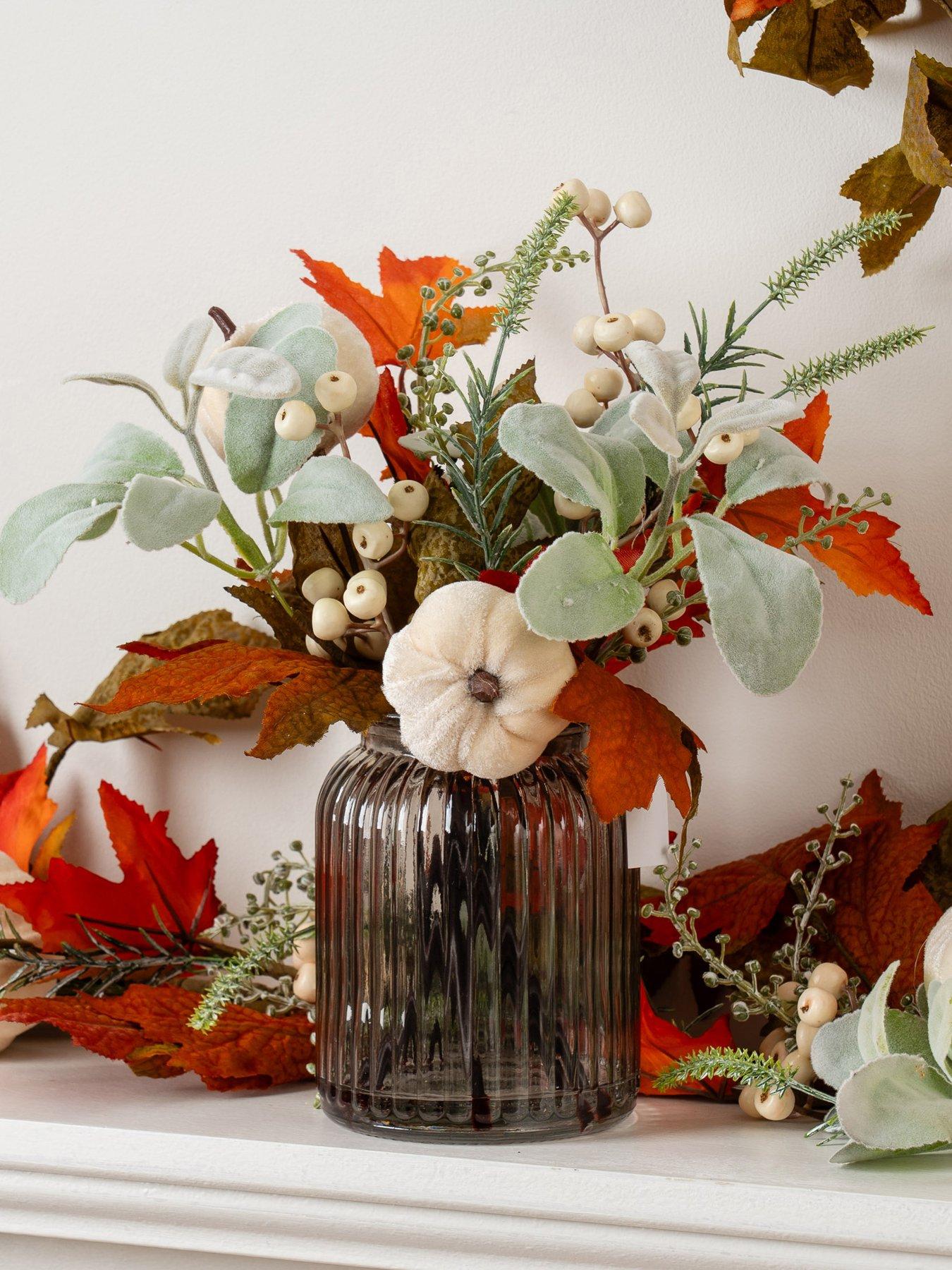 Scottish Everlastings 33cm Green / Orange Pumpkin Arrangement In Ribbed Glass Vase