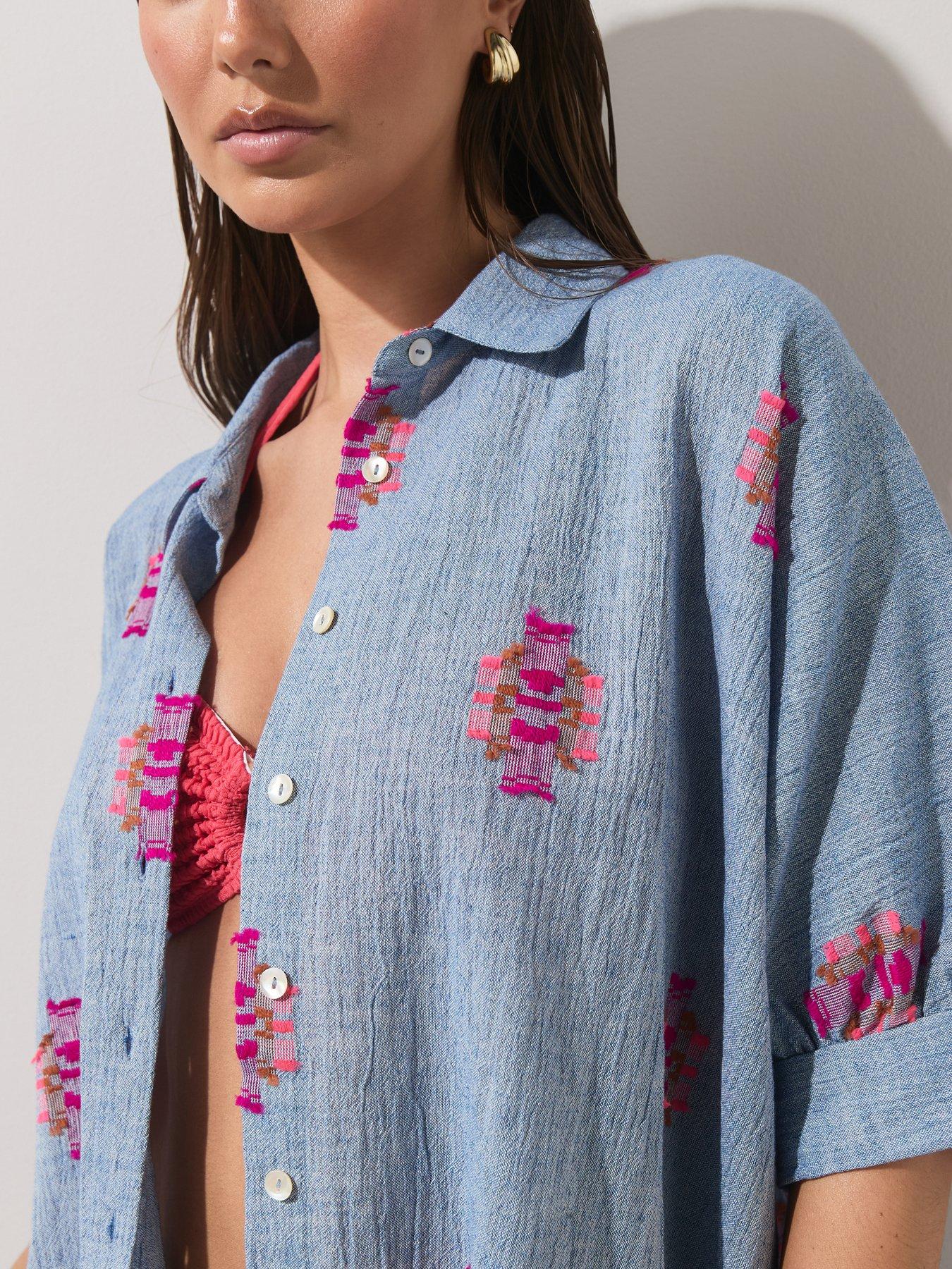  image of the-very-collection-chambray-jacquard-oversized-beach-shirt-multi