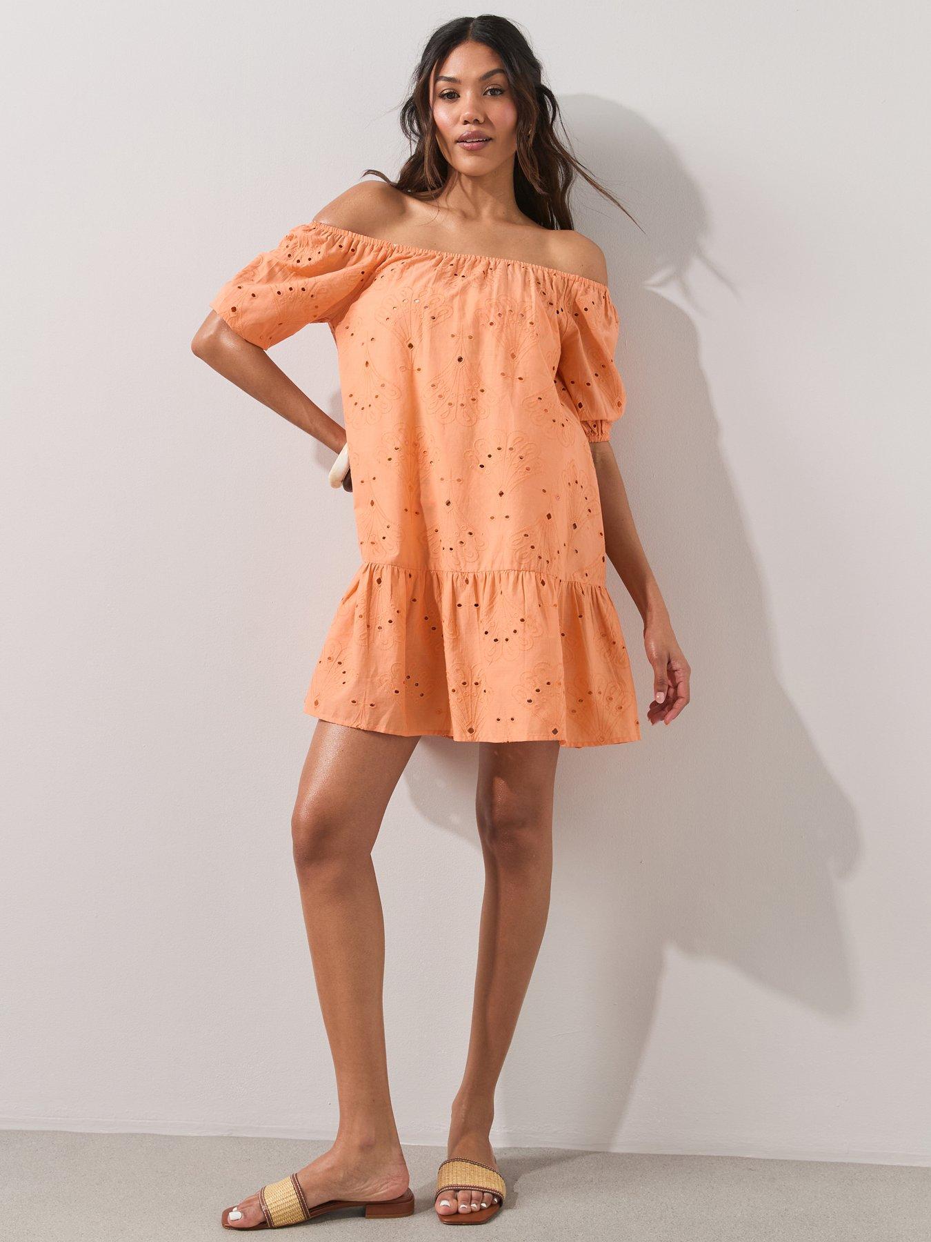The Very Collection Embroidered Bardot Beach Dress - Orange
