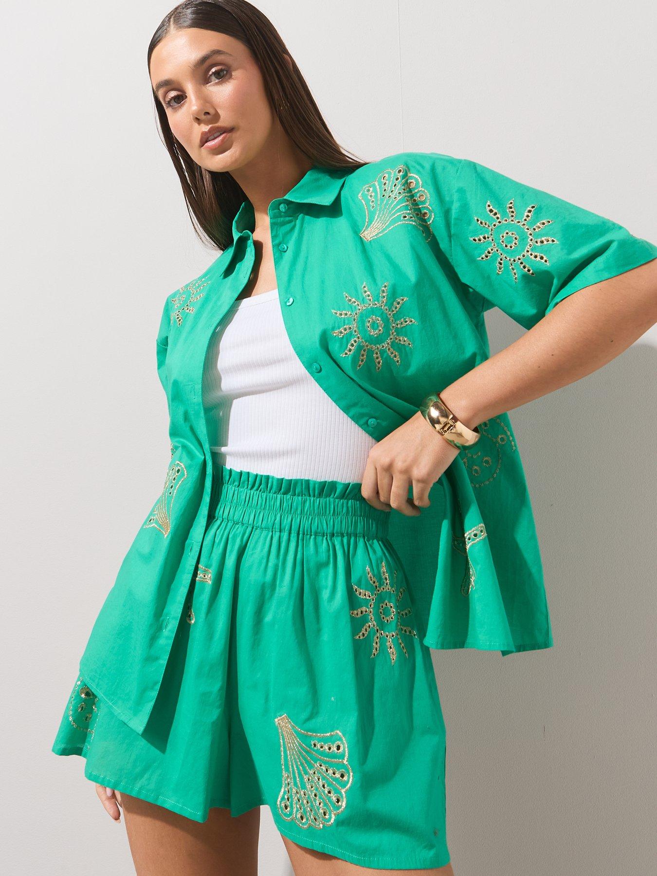  image of the-very-collection-shell-embroidered-beach-shorts-green