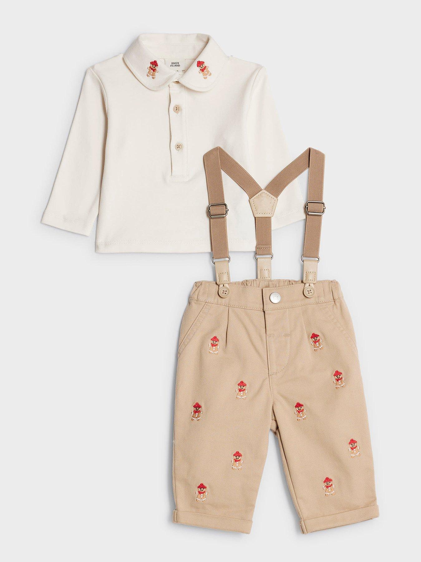 front image of river-island-baby-boys-gingerbread-dungarees-beige