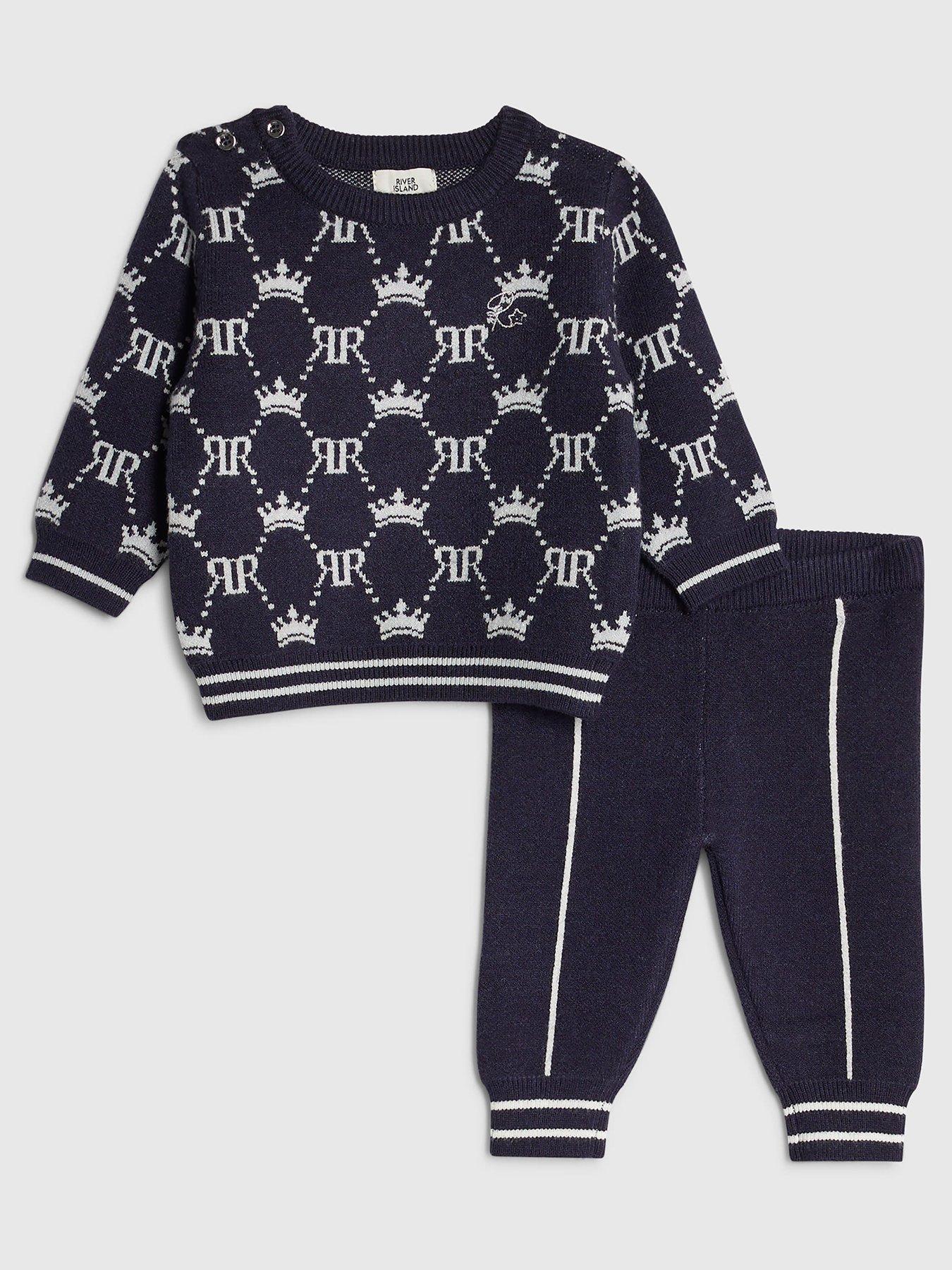 front image of river-island-baby-boys-monogram-jumper-set-dark-blue