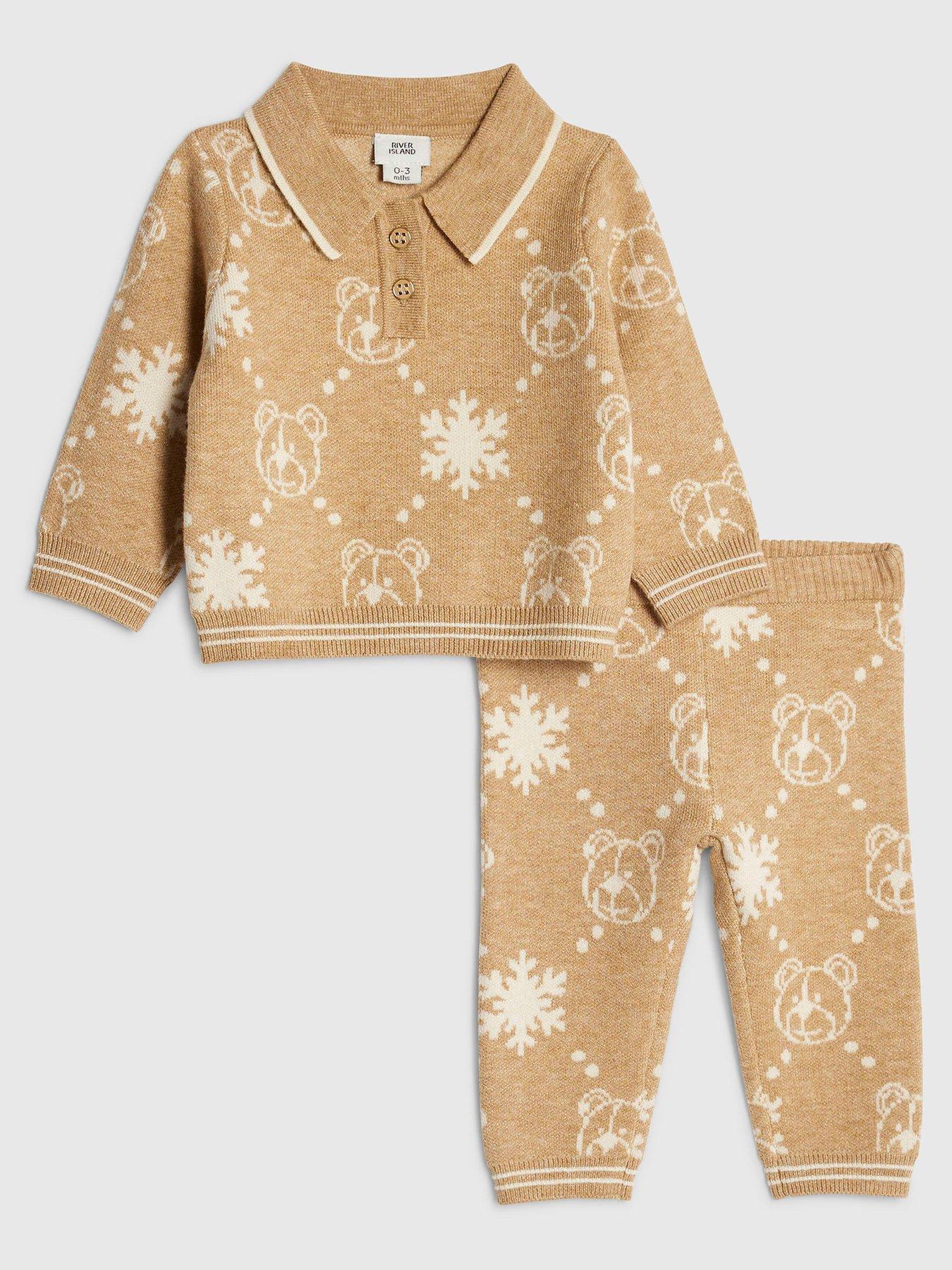 Image 1 of 5 of River Island Baby Boys Snowflake Bear Jumper Set - Cream
