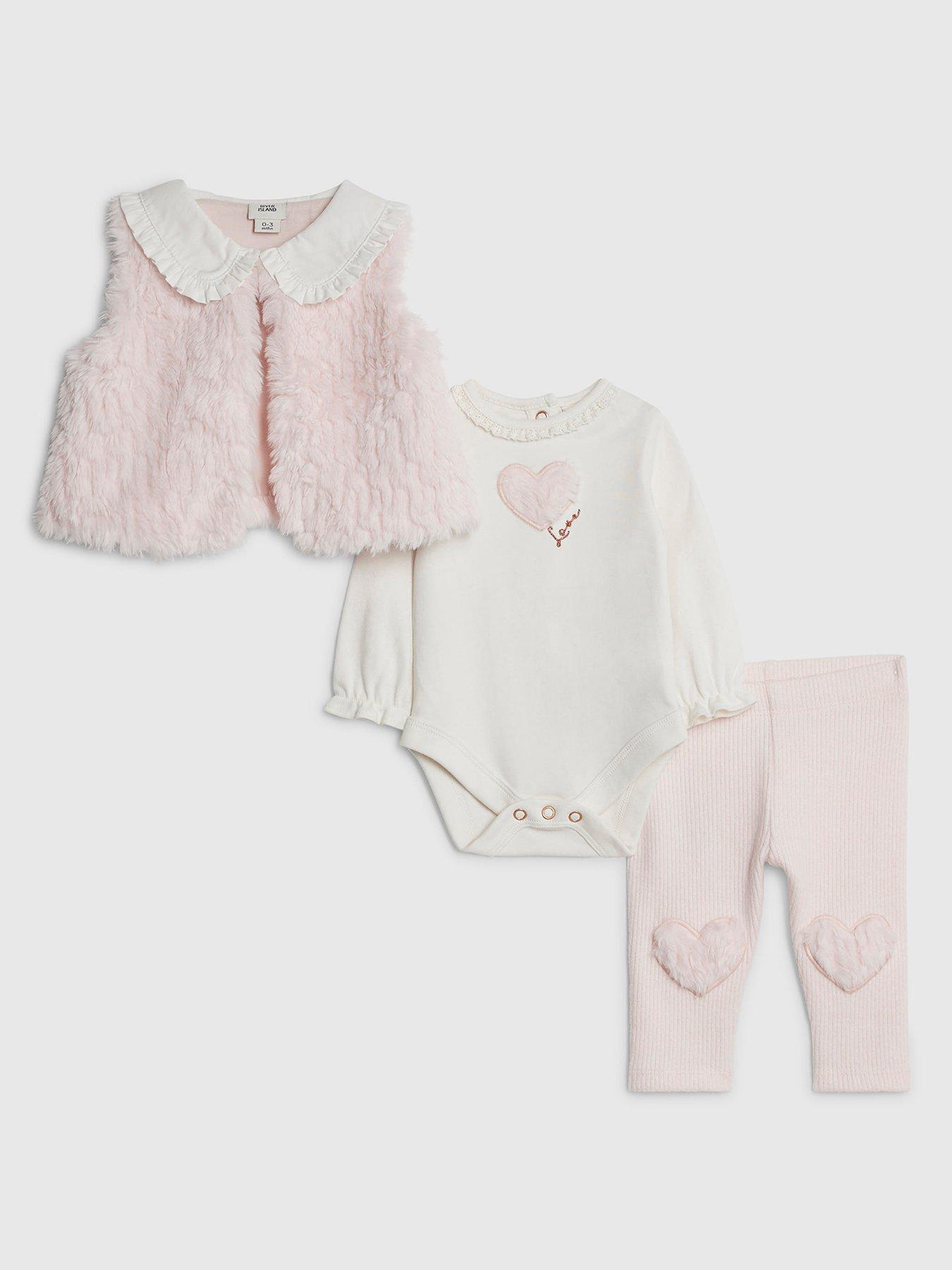 front image of river-island-baby-girls-faux-fur-heart-gilet-set-pink