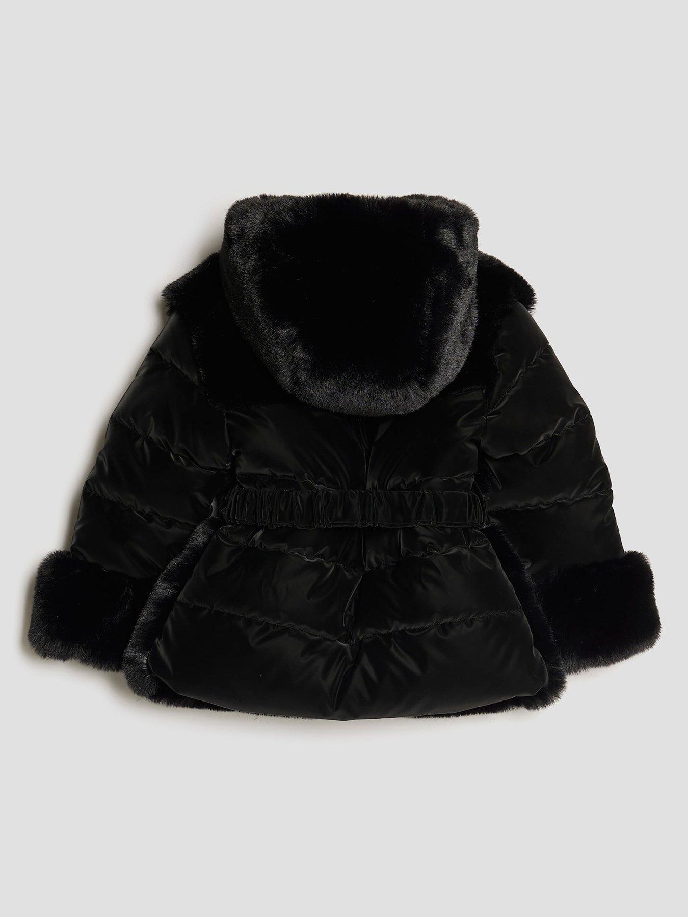 Image 2 of 4 of River Island Mini Girls Belted Faux Fur Padded Coat - Black