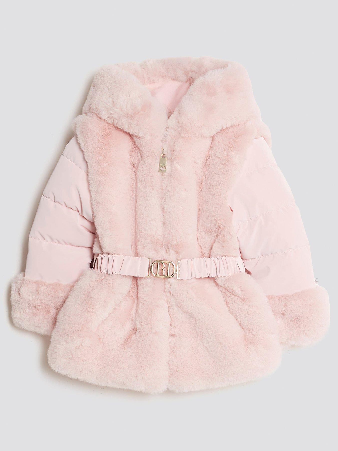 River Island Mini Girls Belted Faux Fur Padded Coat - Pink
