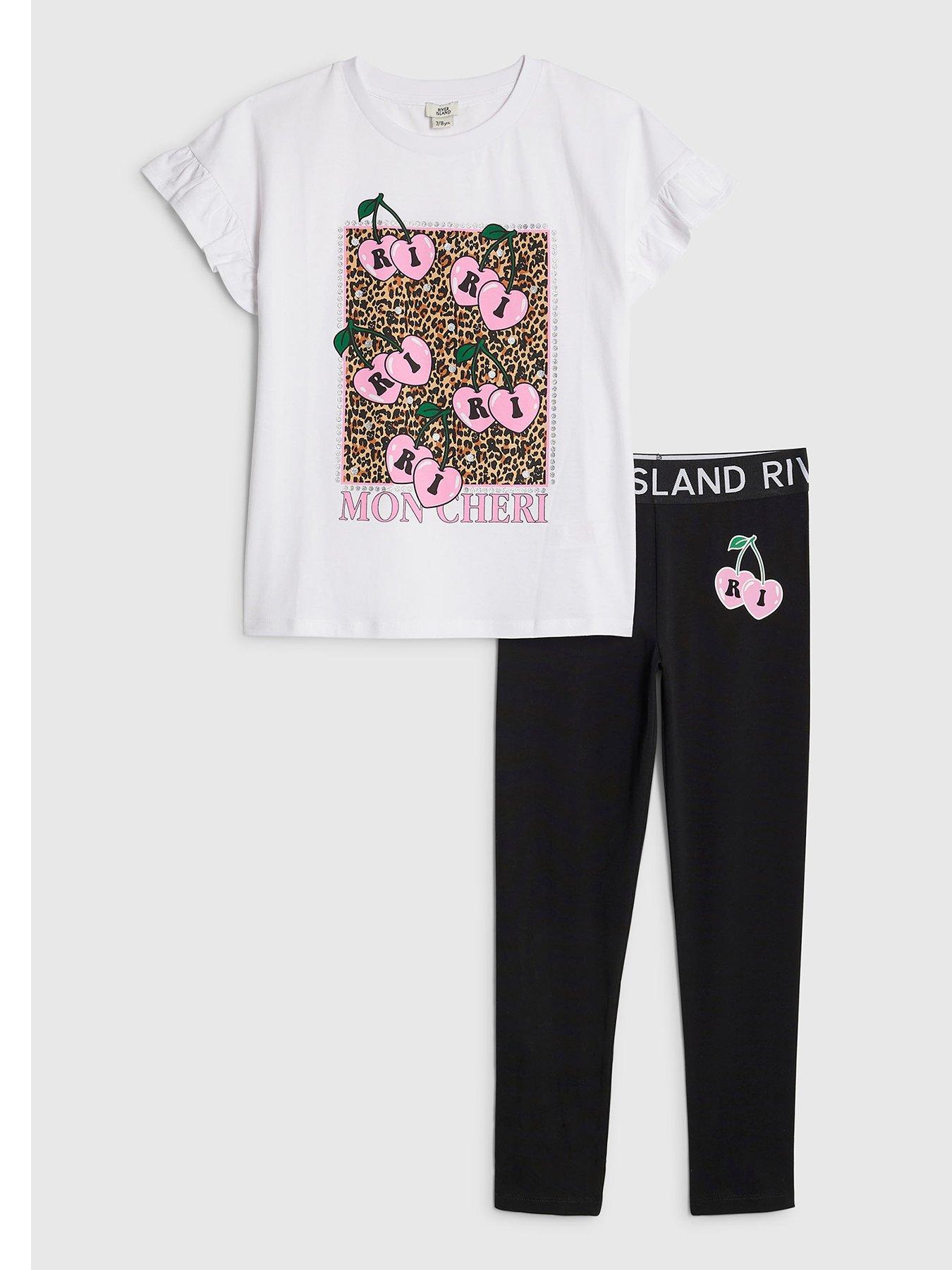 River Island Older Girls Frill Cherry Waistband Legging Set - White