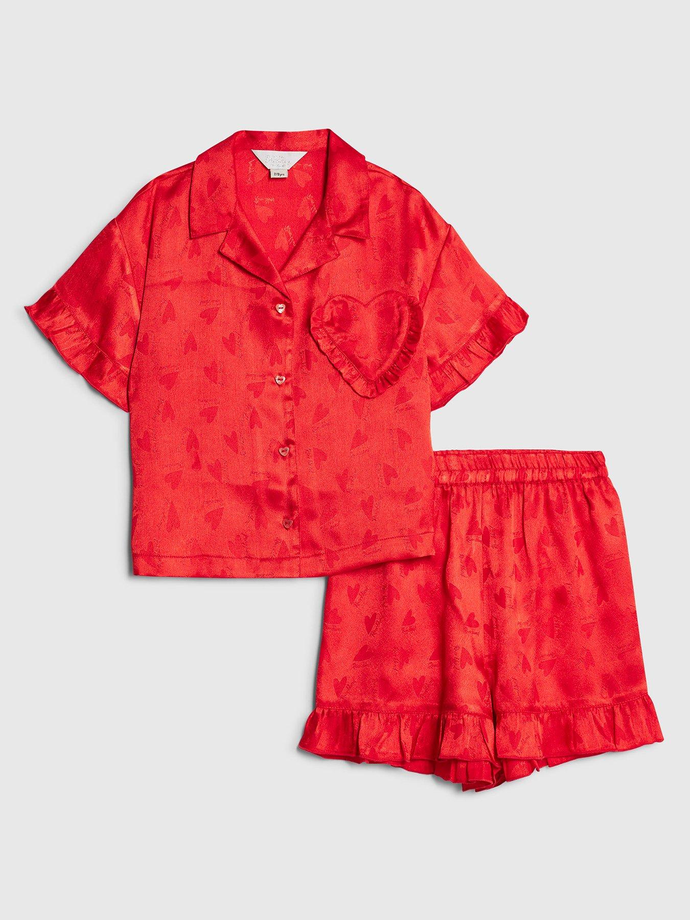  image of river-island-older-girls-satin-heart-pyjama-set-red