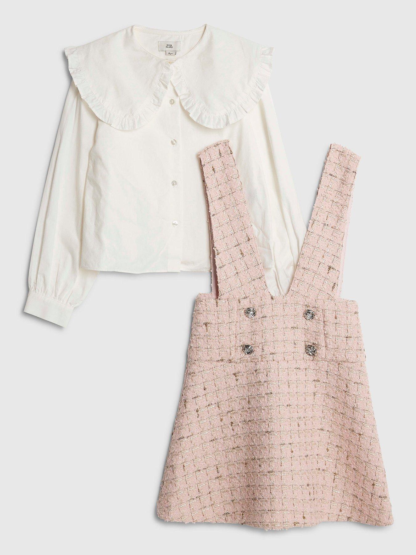 River Island Older Girls Boucle Pinafore Shirt Dress - Pink