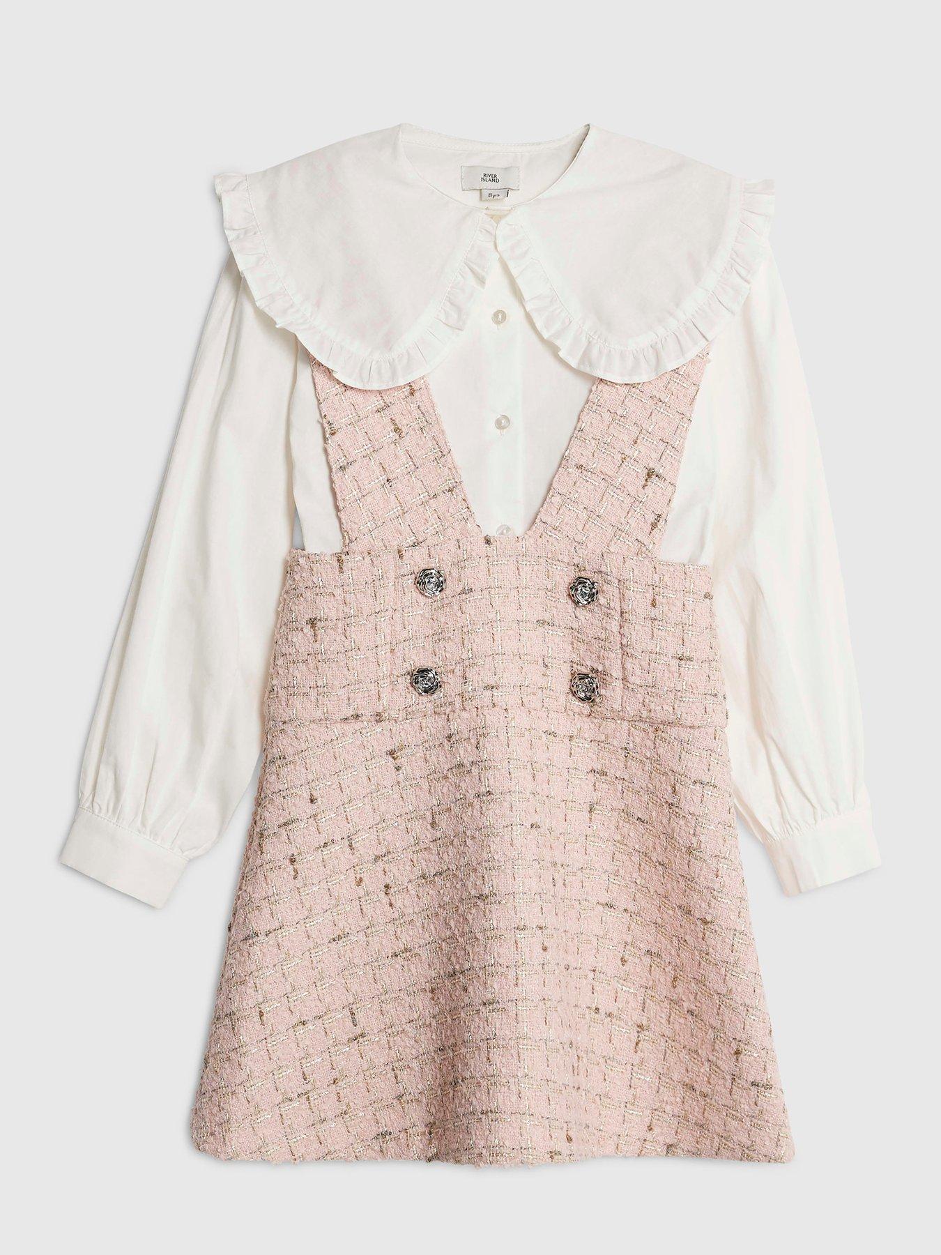  image of river-island-older-girls-boucle-pinafore-shirt-dress-pink