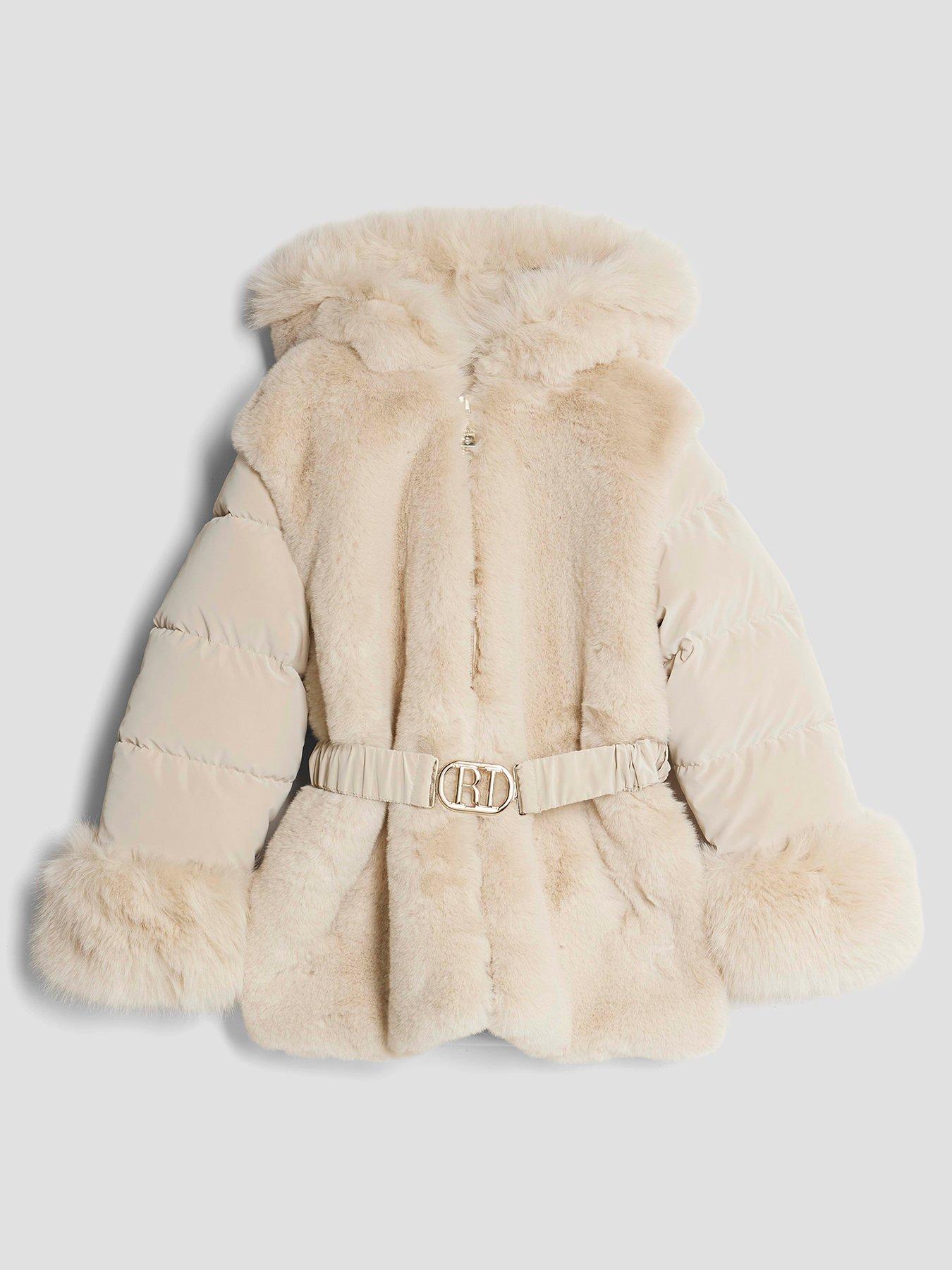  image of river-island-older-girls-belted-faux-fur-padded-coat-cream