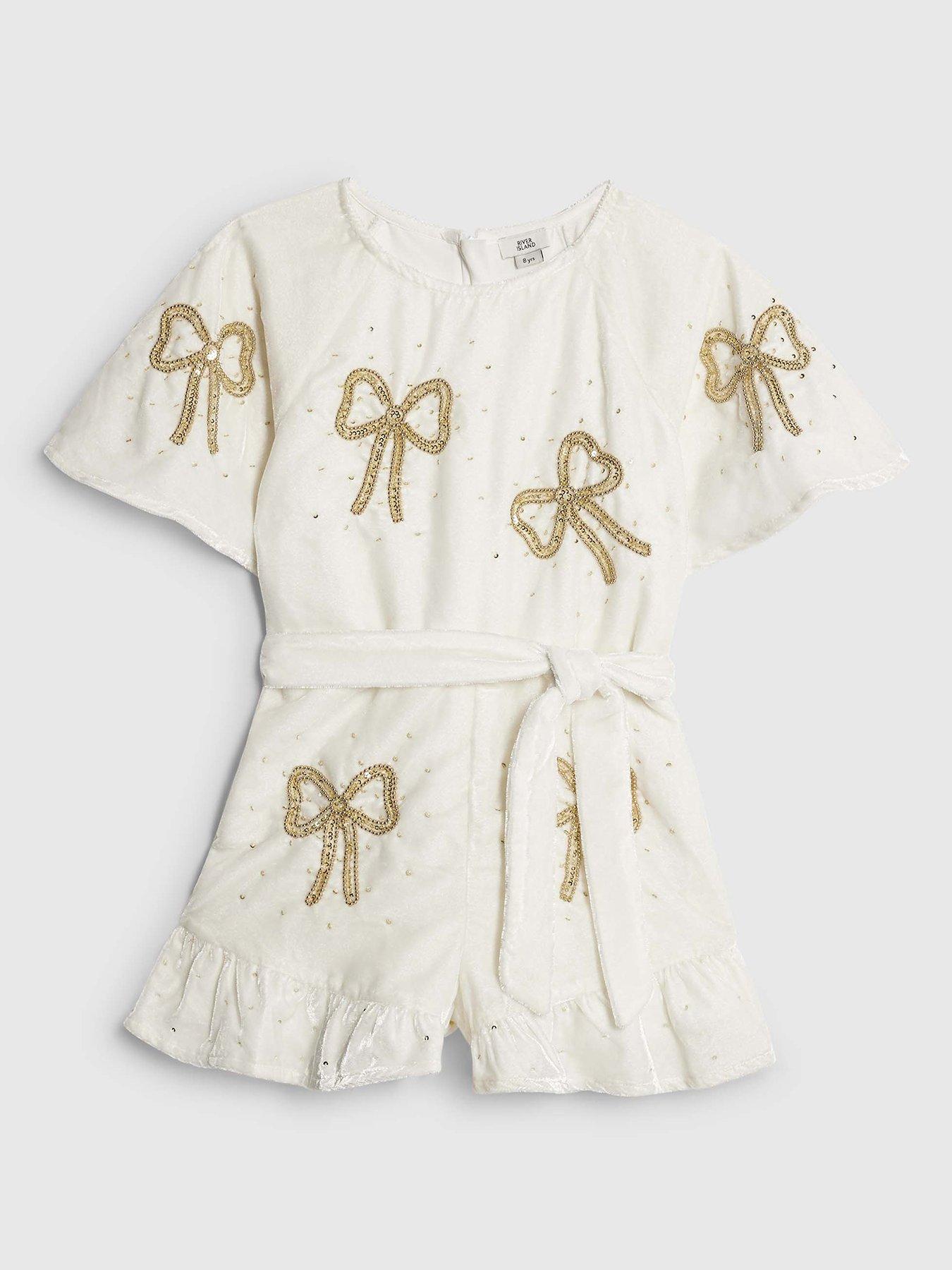 front image of river-island-older-girls-velvet-bow-embellished-playsuit-cream