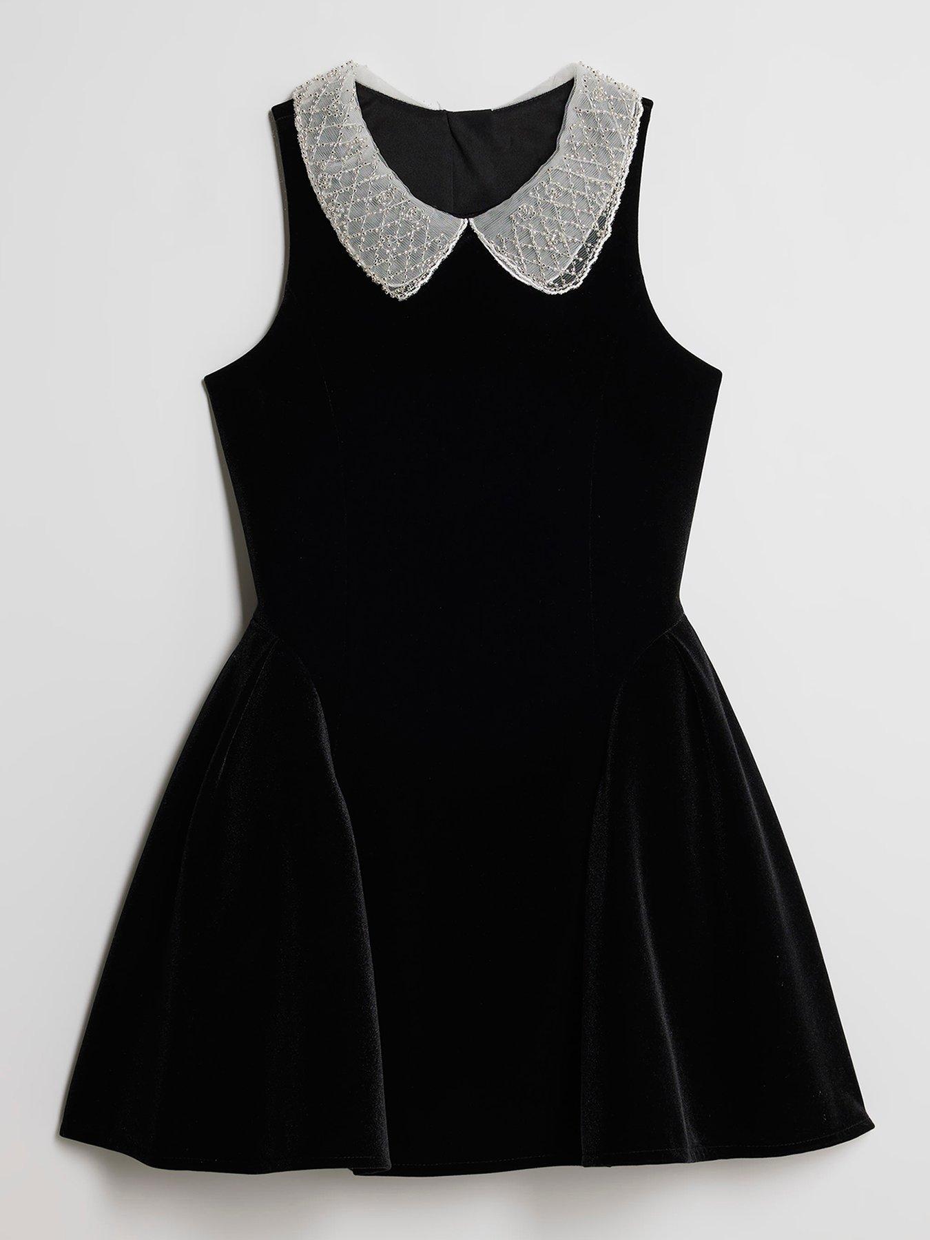River Island Older Girls Velvet Collar Dress - Black