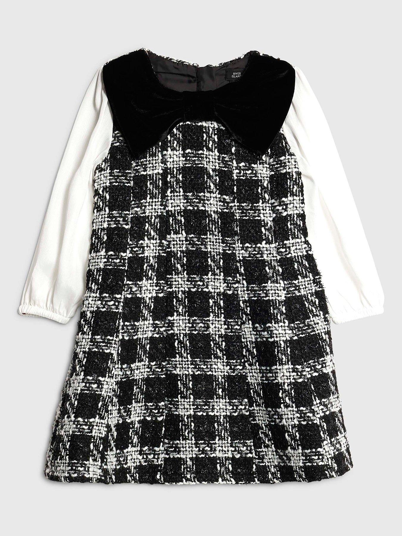 front image of river-island-mini-girls-velvet-bow-boucle-dress-black
