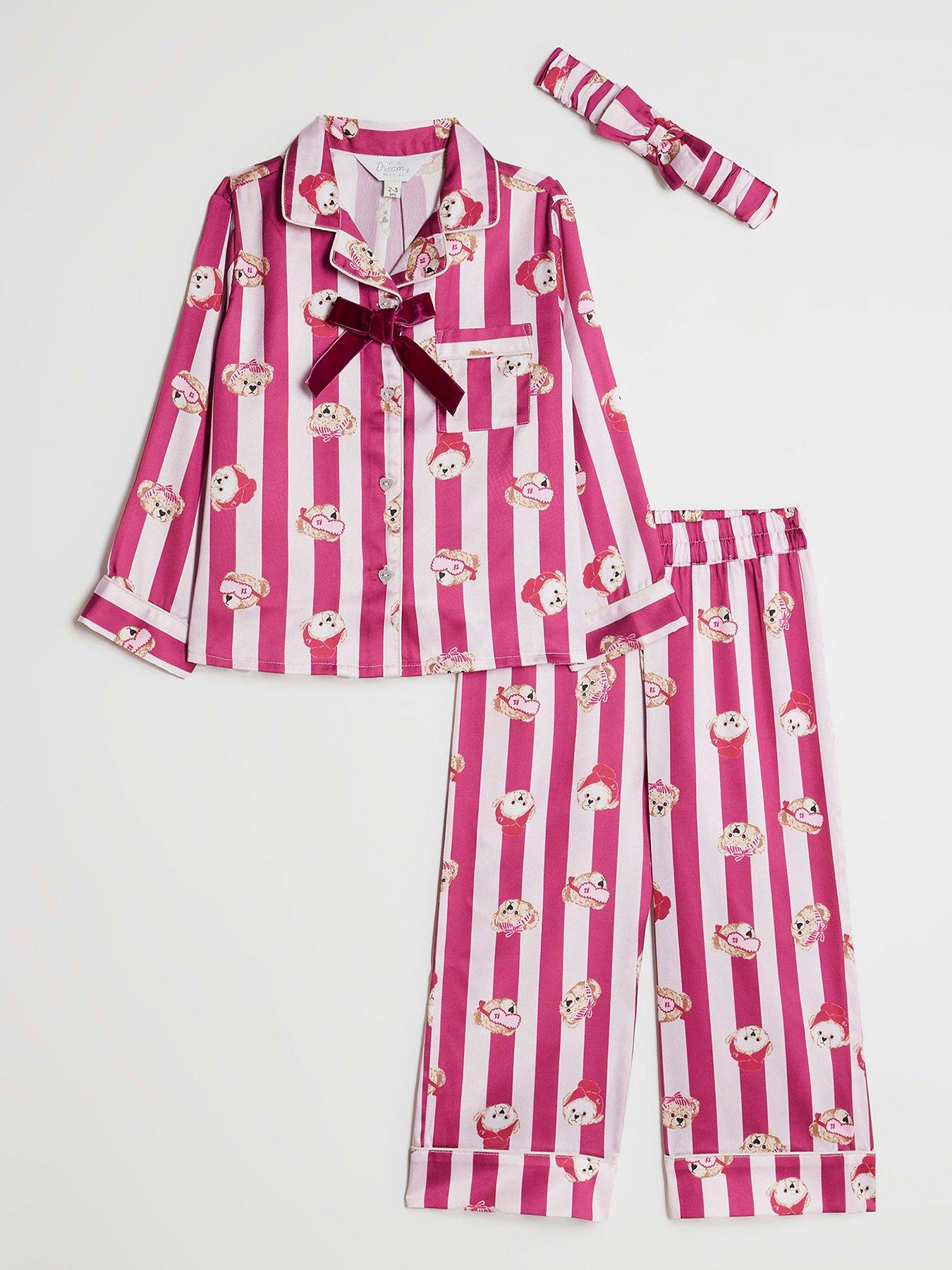 front image of river-island-mini-girls-teddy-stripe-satin-pyjamas-pink