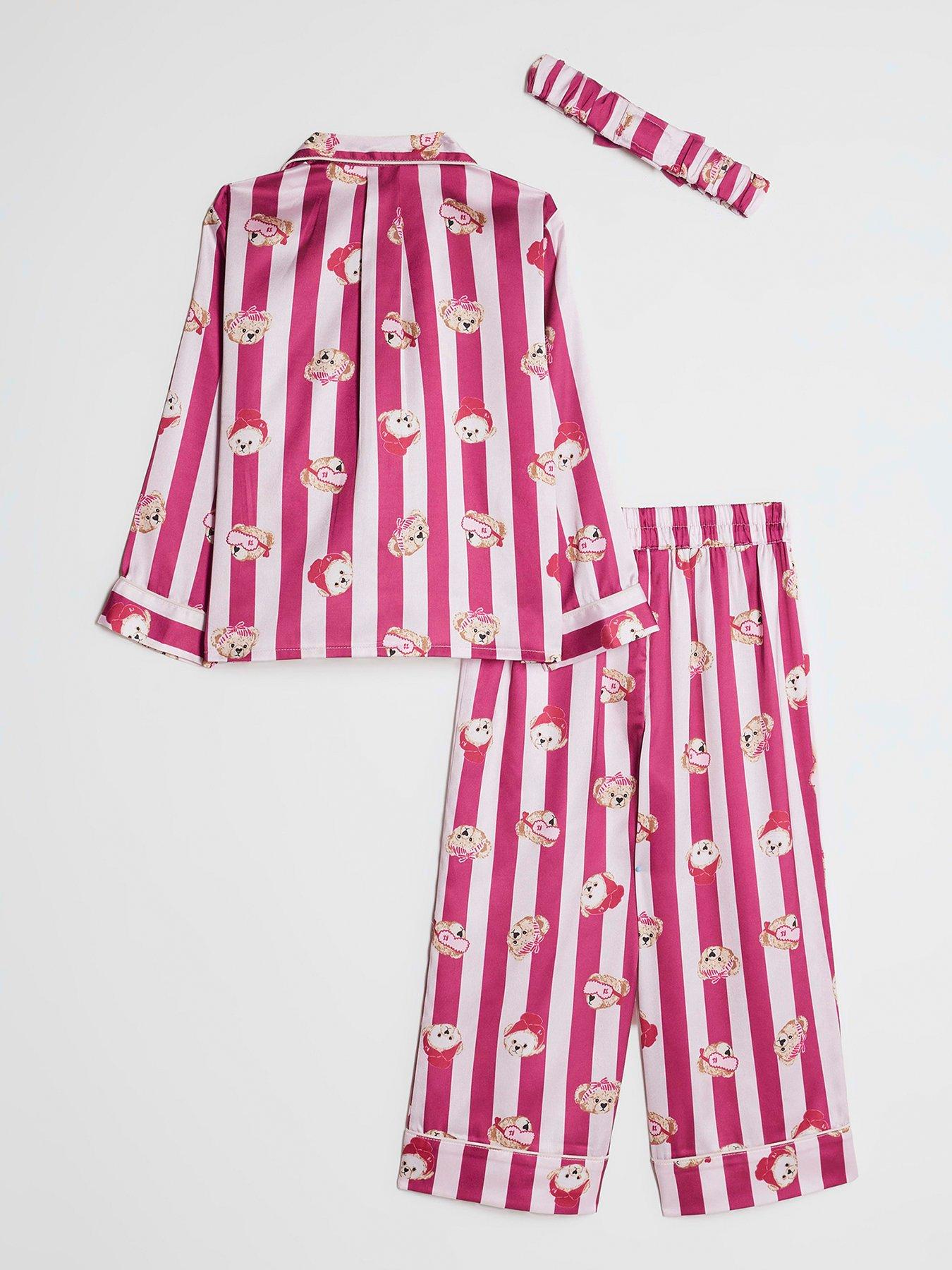  image of river-island-mini-girls-teddy-stripe-satin-pyjamas-pink