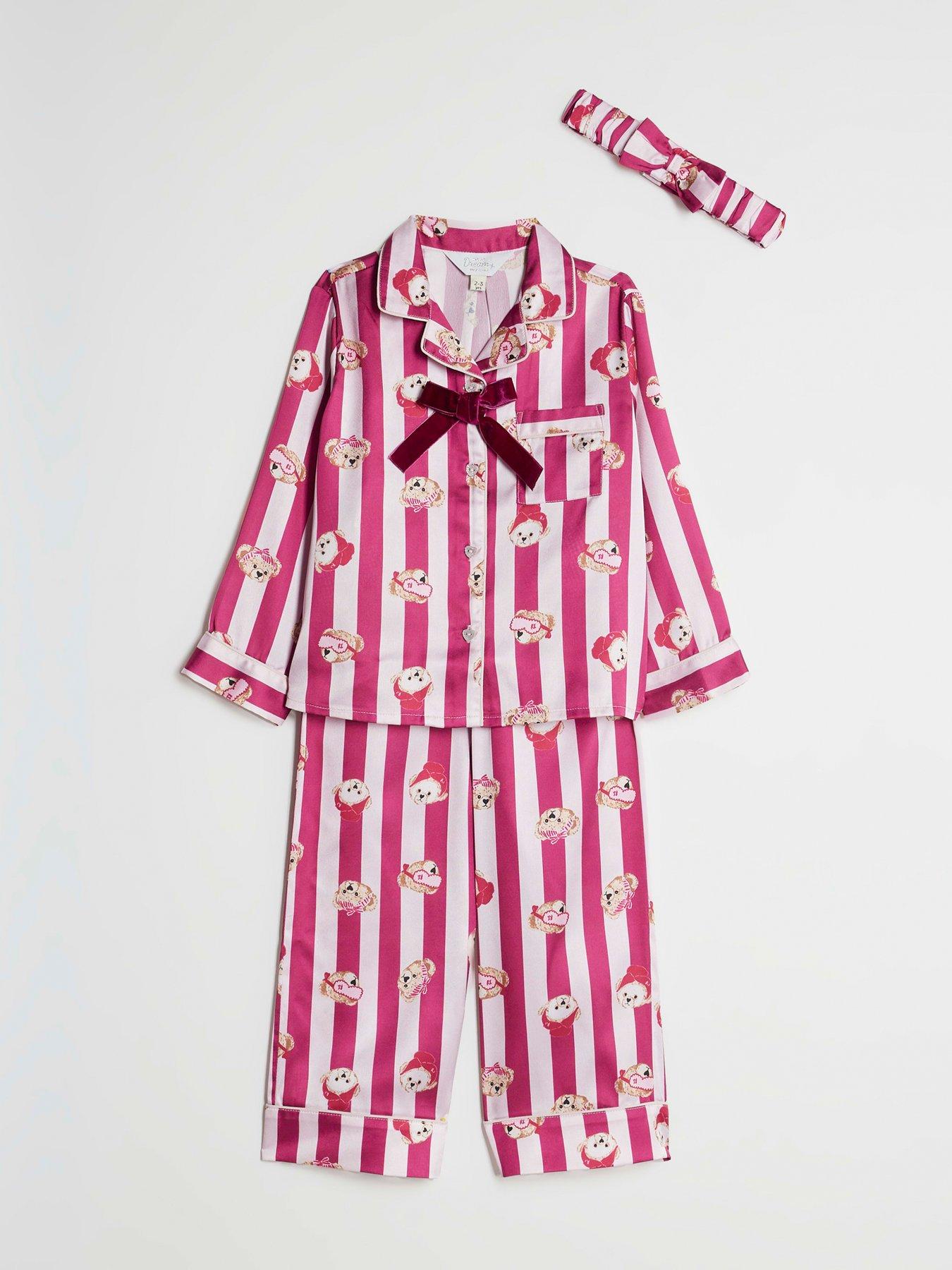  image of river-island-mini-girls-teddy-stripe-satin-pyjamas-pink