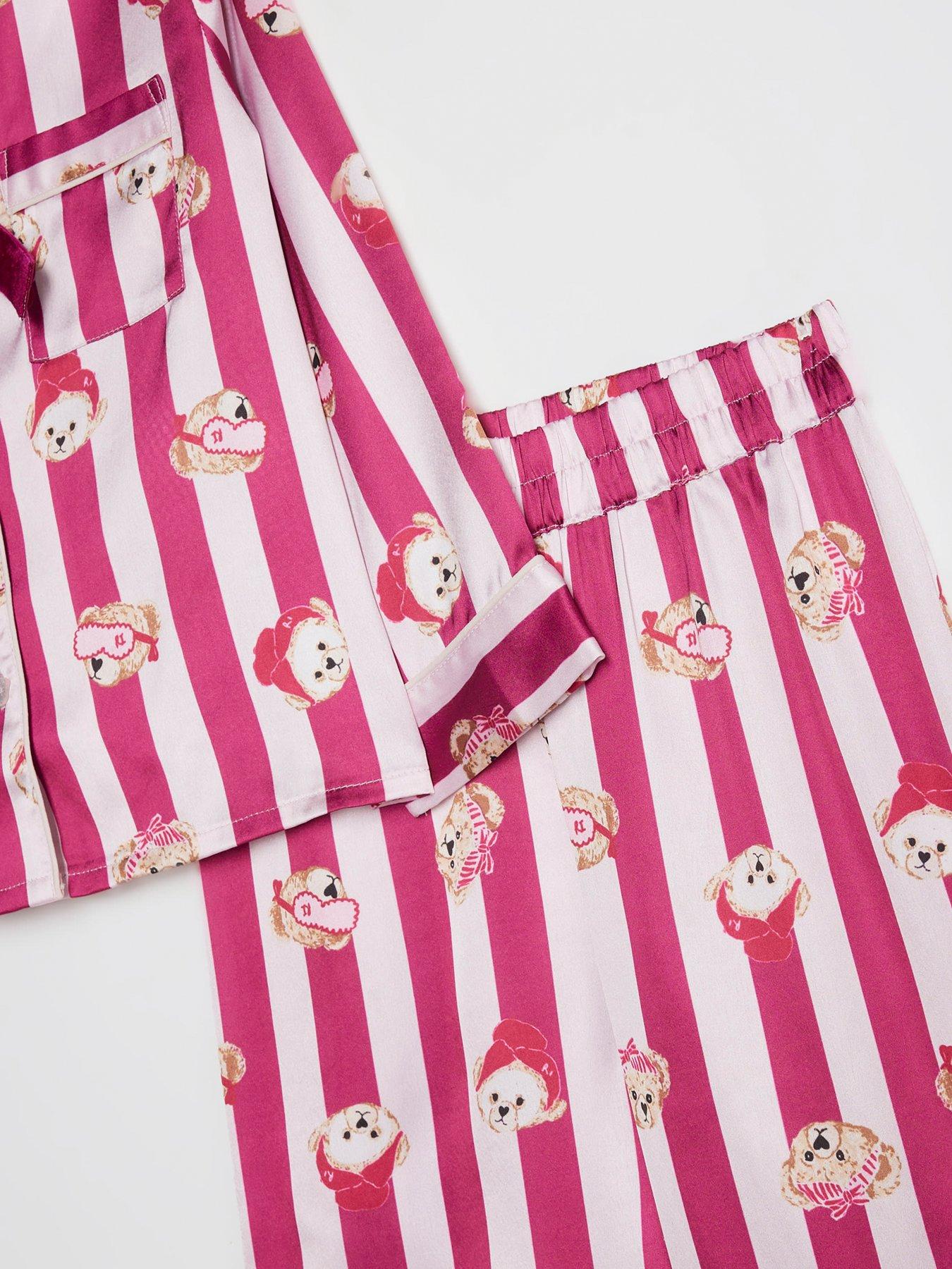 image of river-island-mini-girls-teddy-stripe-satin-pyjamas-pink
