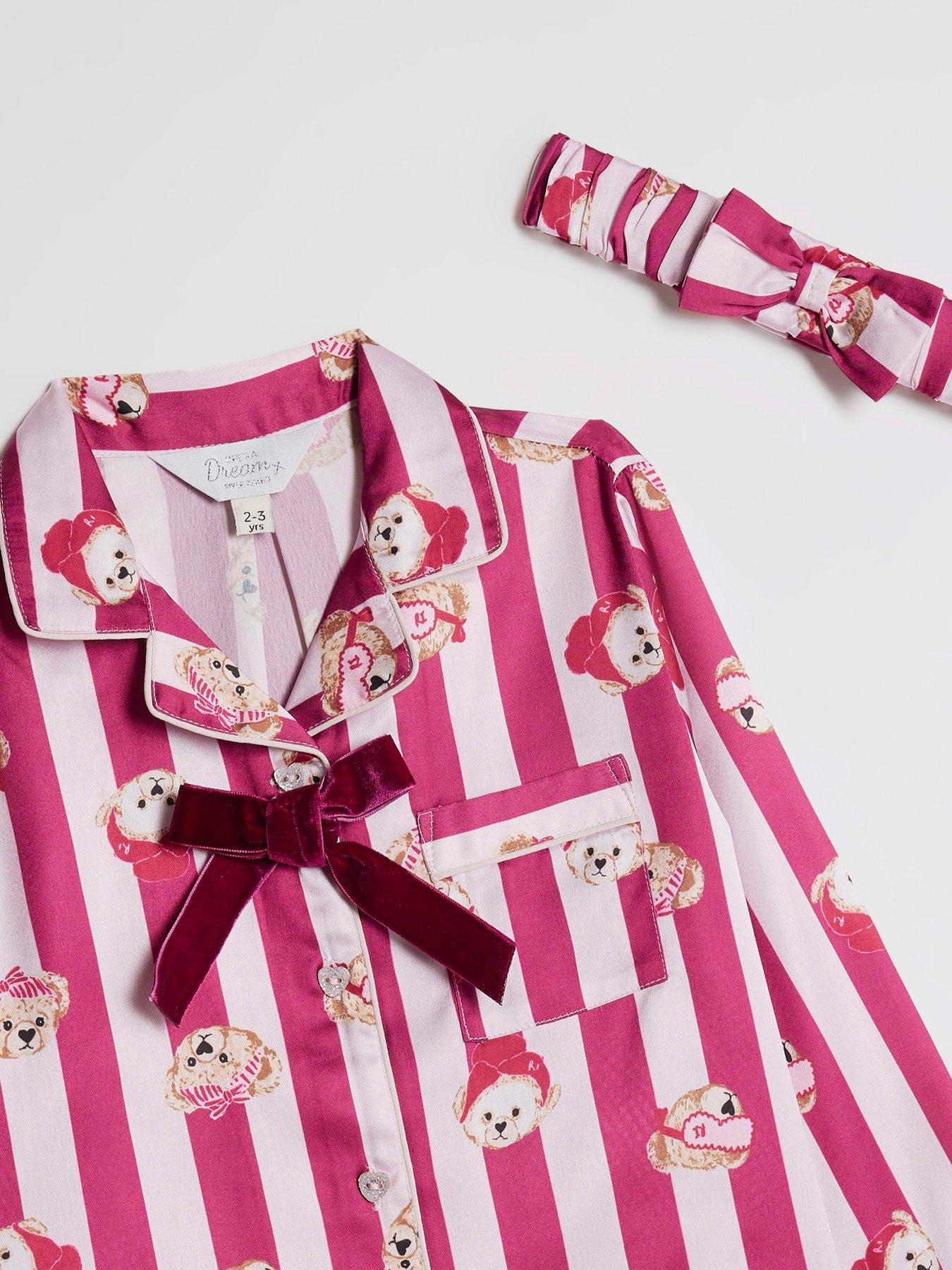  image of river-island-mini-girls-teddy-stripe-satin-pyjamas-pink
