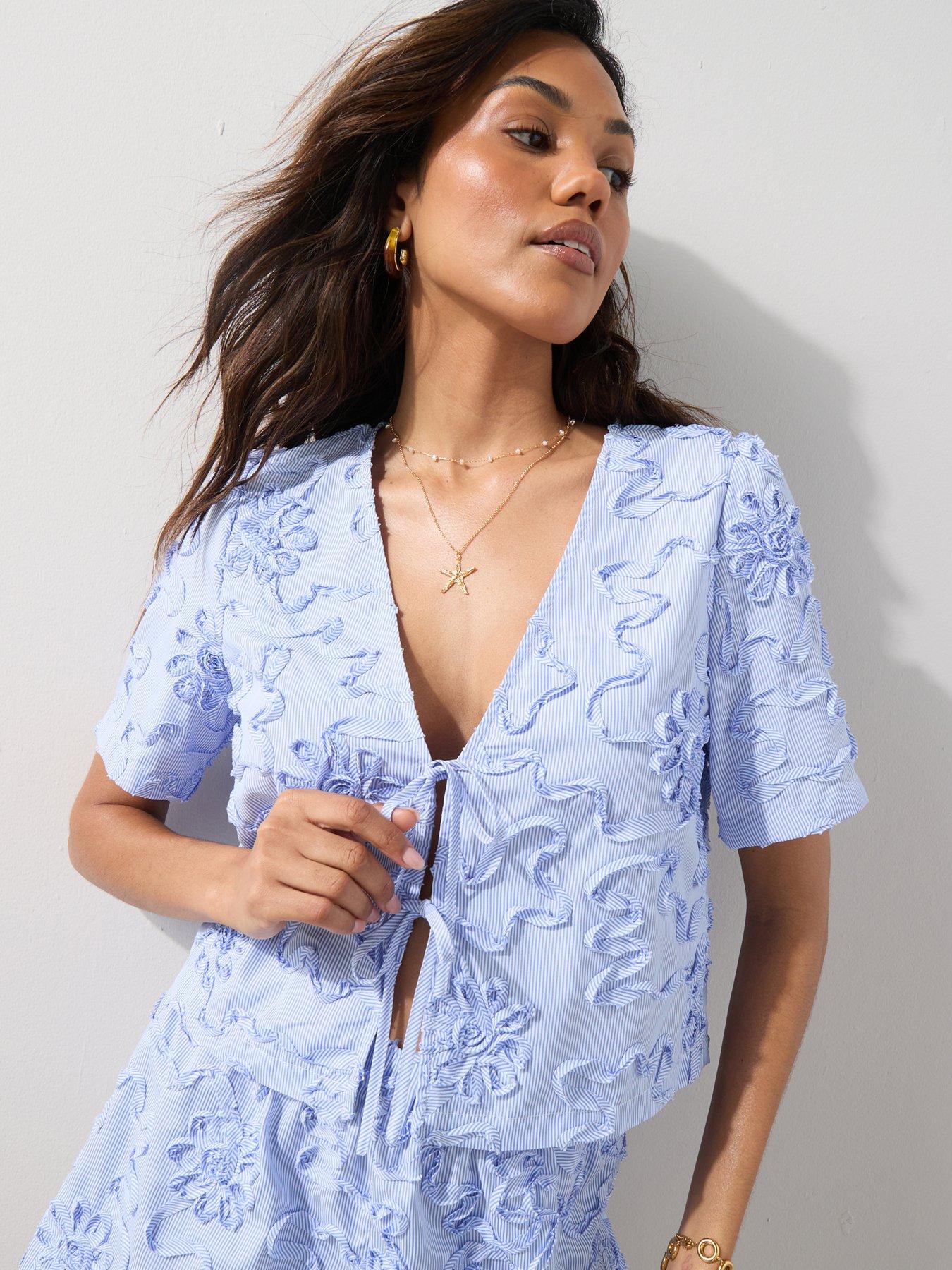 The Very Collection Stripe Floral Short Sleeve Shirt - Blue