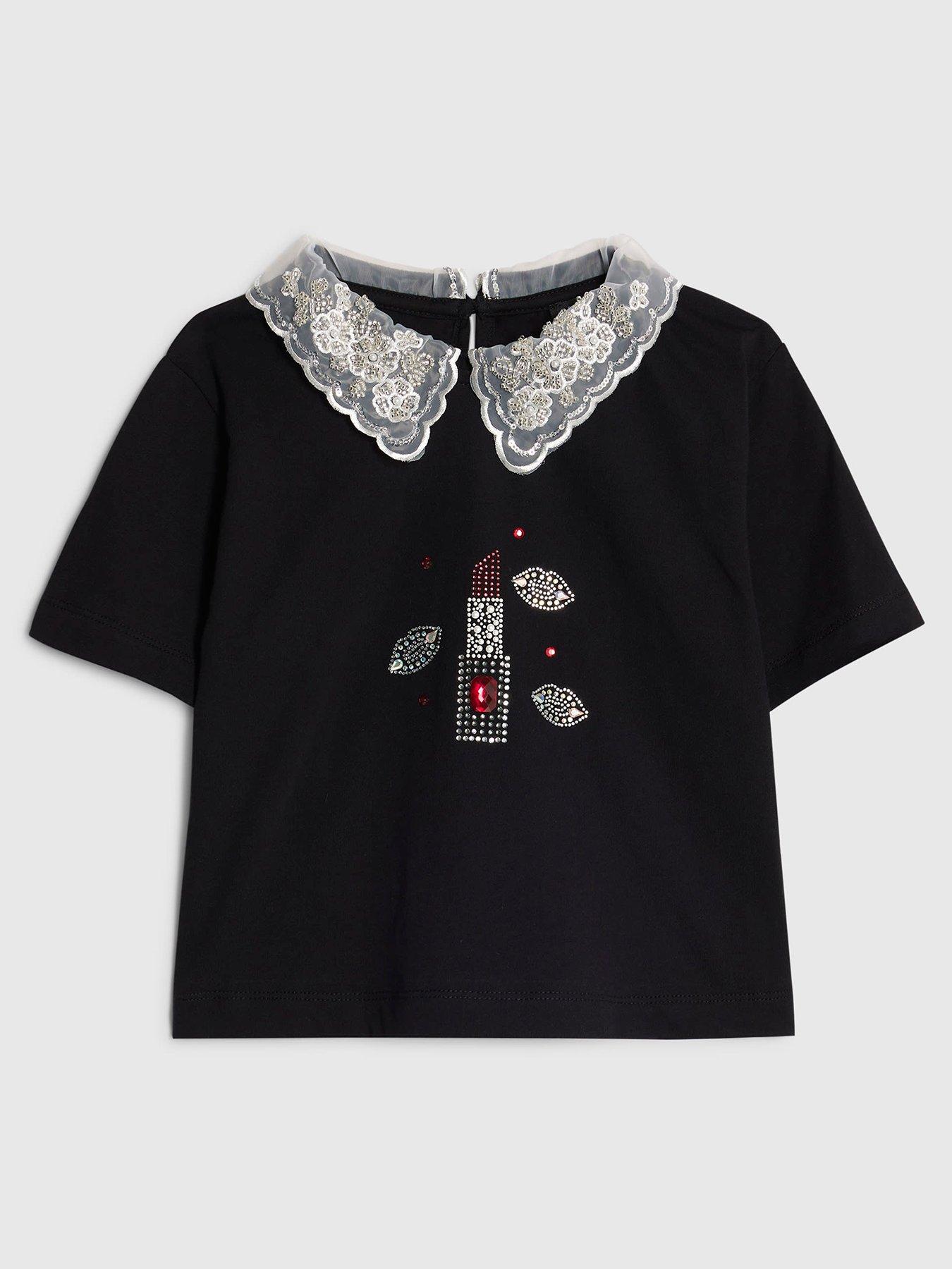  image of river-island-older-girls-lace-collar-beauty-diamante-t-shirt-black