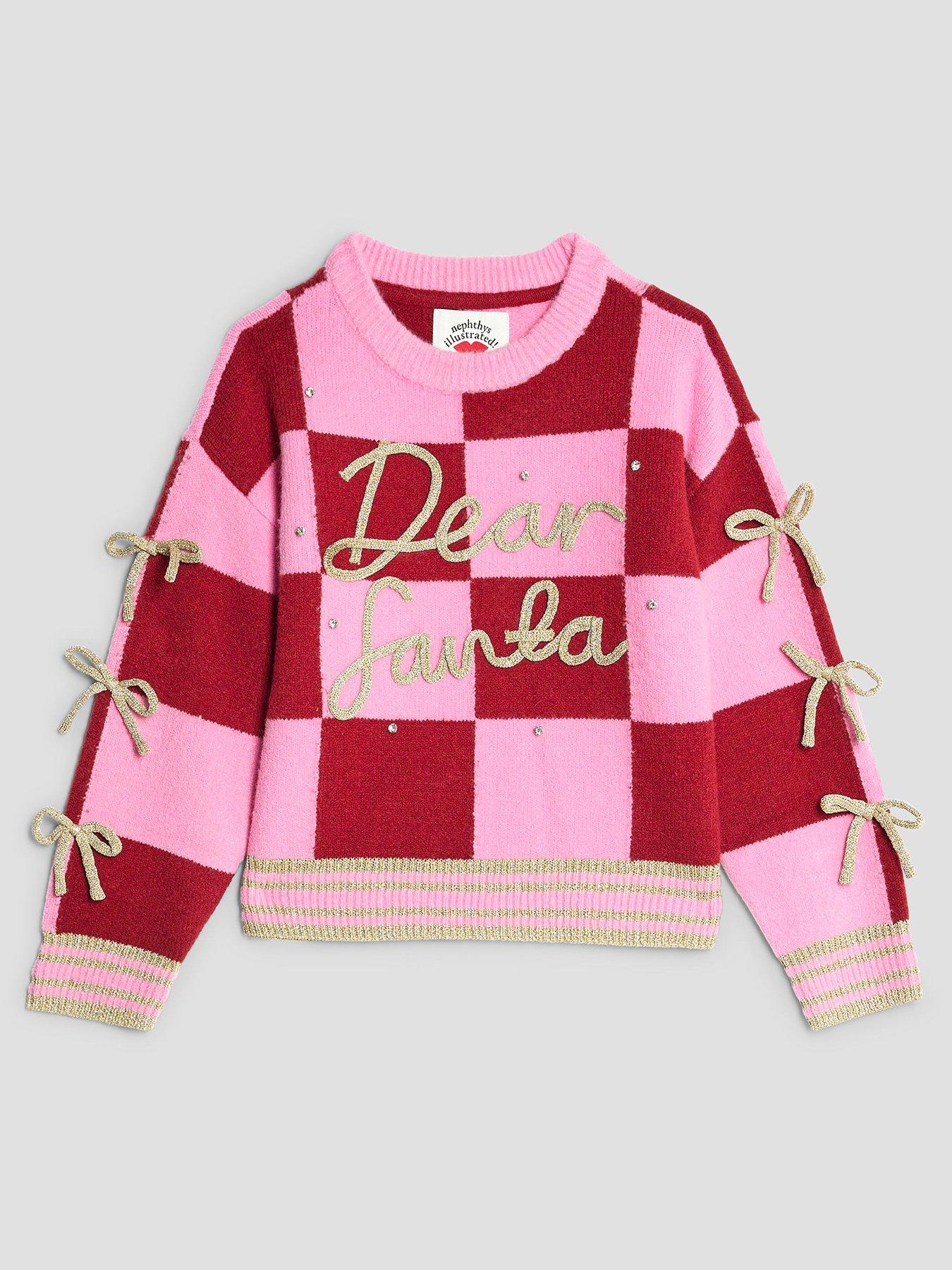Image 2 of 5 of River Island Older Girls Nephthys Bow Santa Christmas Jumper - Pink