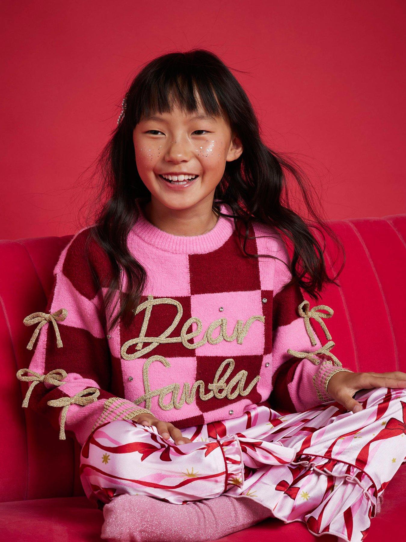 Image 4 of 5 of River Island Older Girls Nephthys Bow Santa Christmas Jumper - Pink